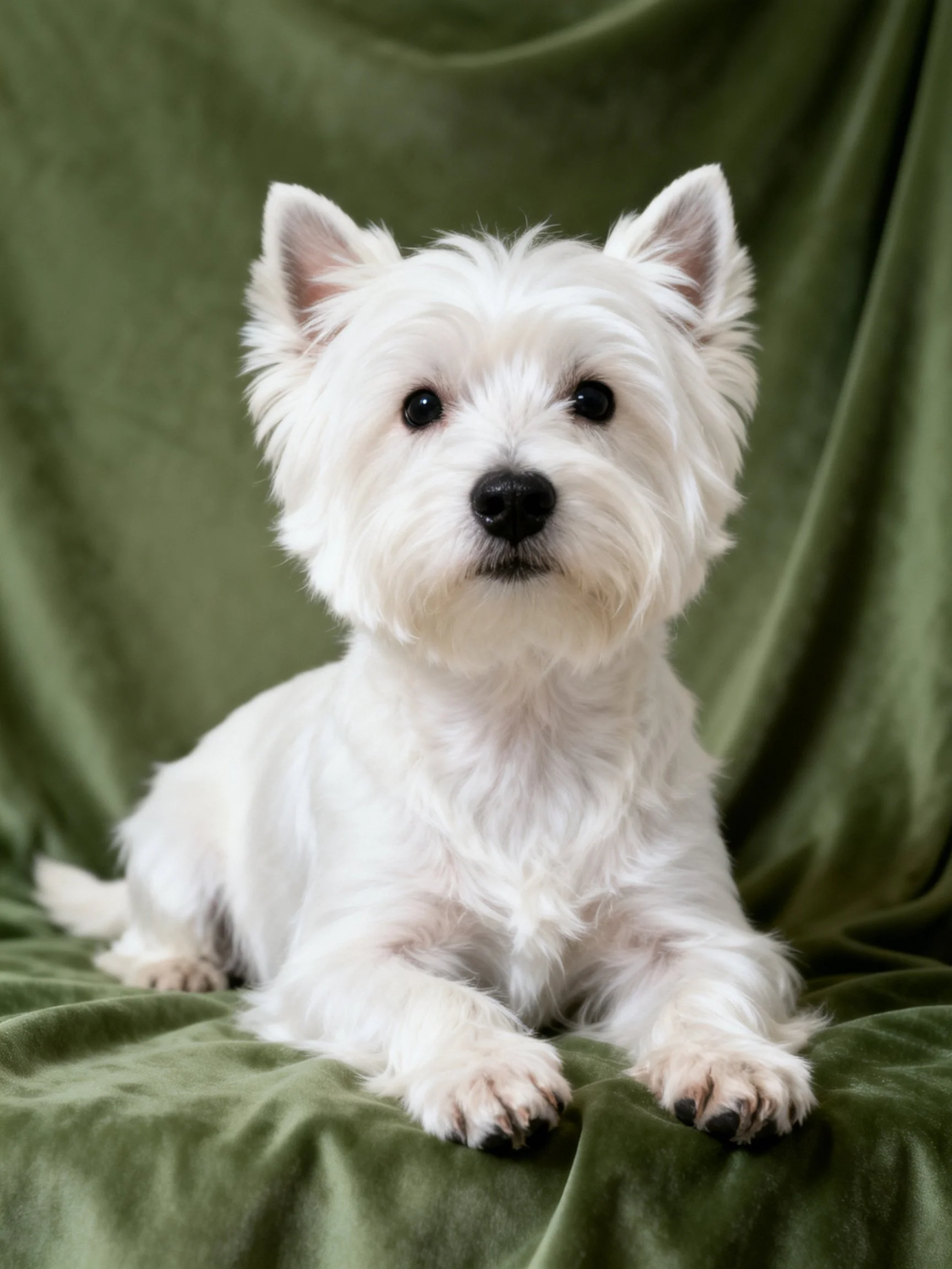 A small white West Highland White Terrier rests calmly on a green fabric backdrop.