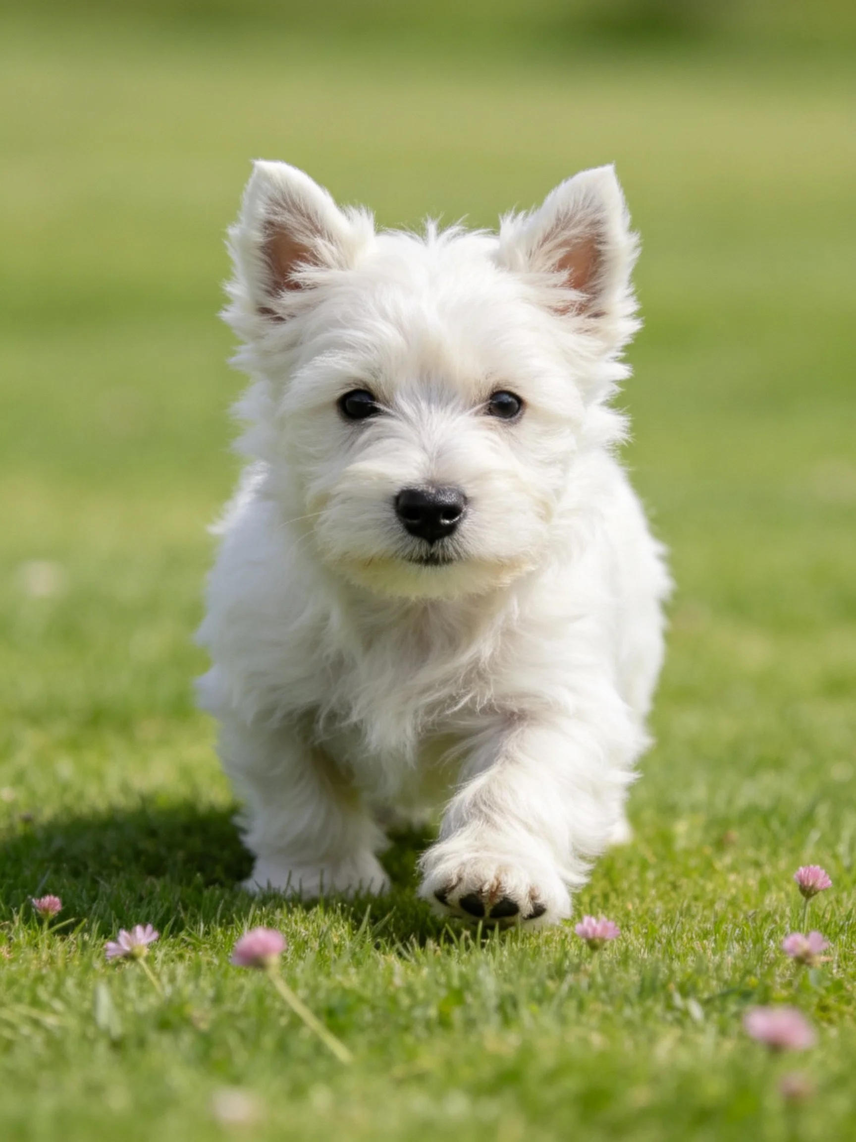 A small white Westie puppy running on green grass with pink flowers
