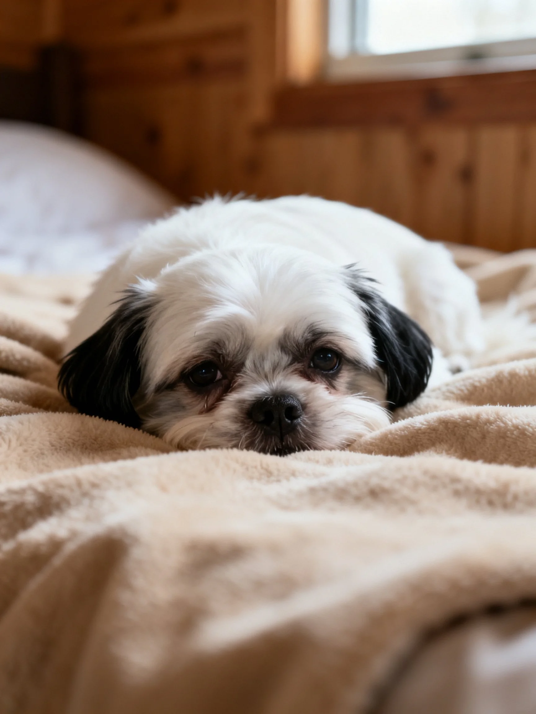 A small white and black dog relaxes on a beige blanket in a cozy wooden space.