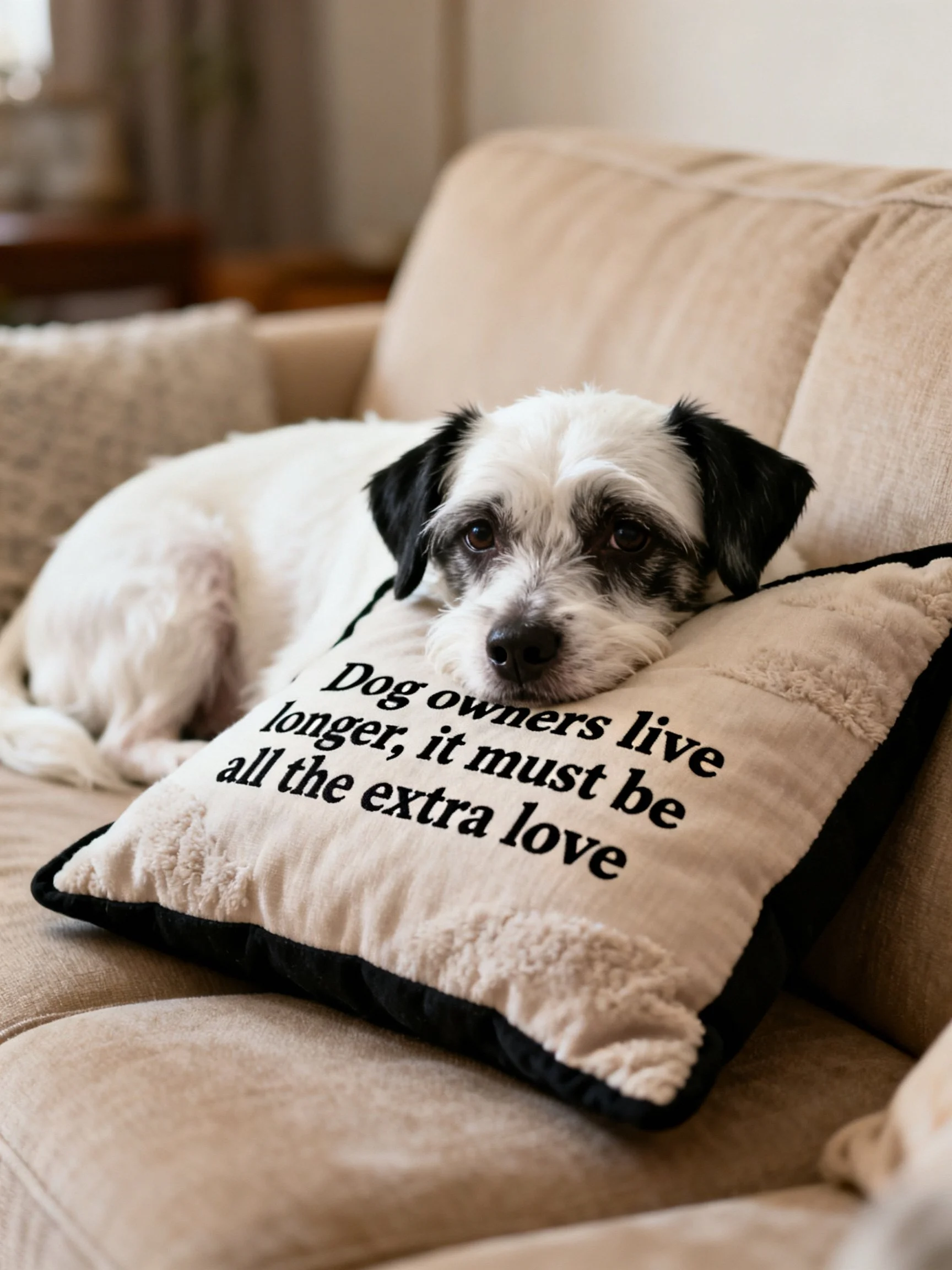 A small dog relaxes on a beige couch next to a pillow with humorous text