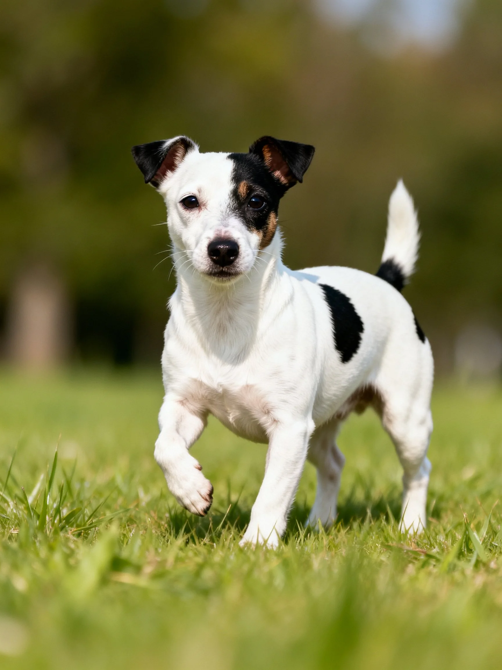 A small white and black dog runs energetically on a grassy field.