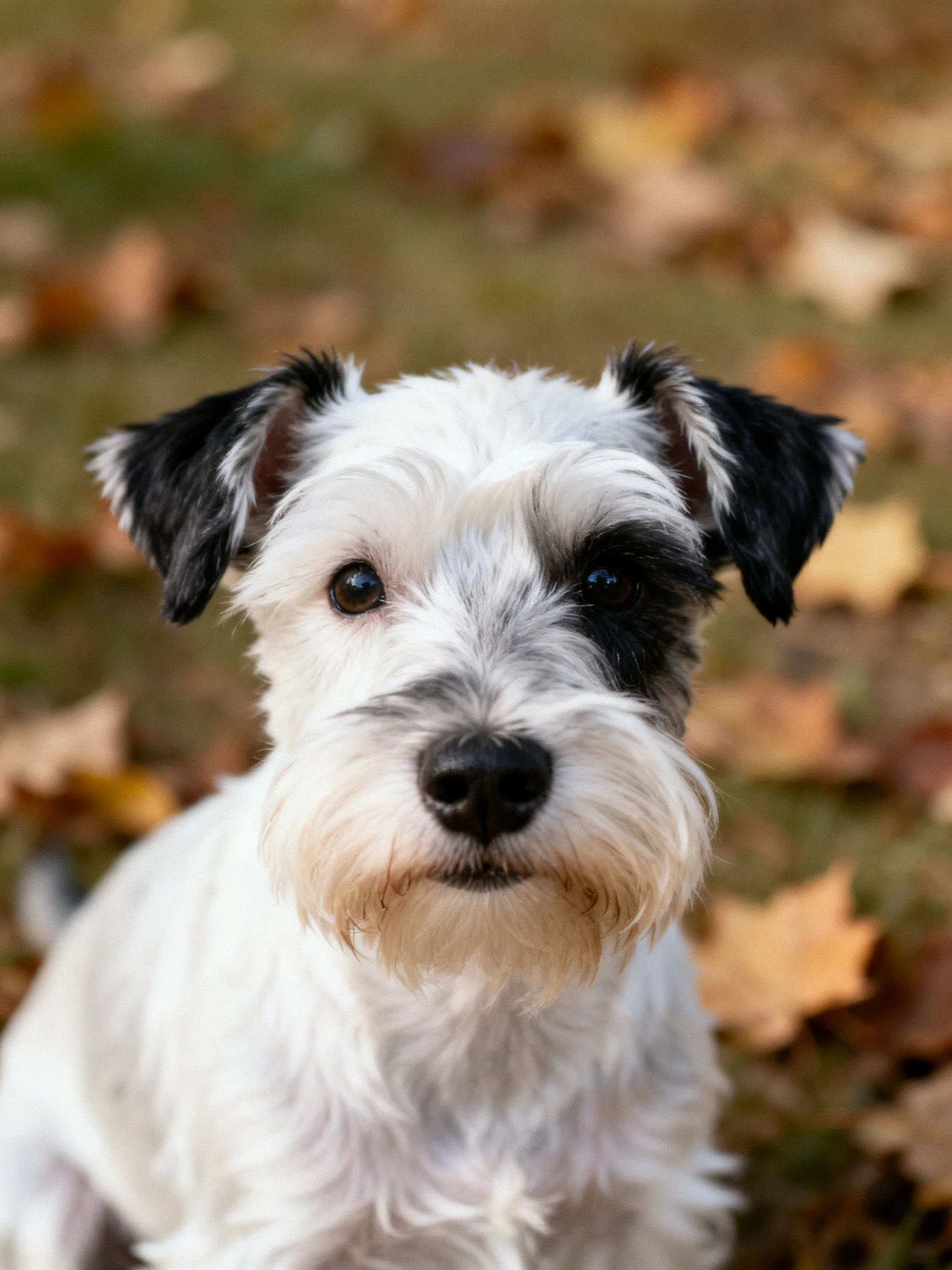 A small white and black dog sits among fallen autumn leaves in a softly lit outdoor setting.