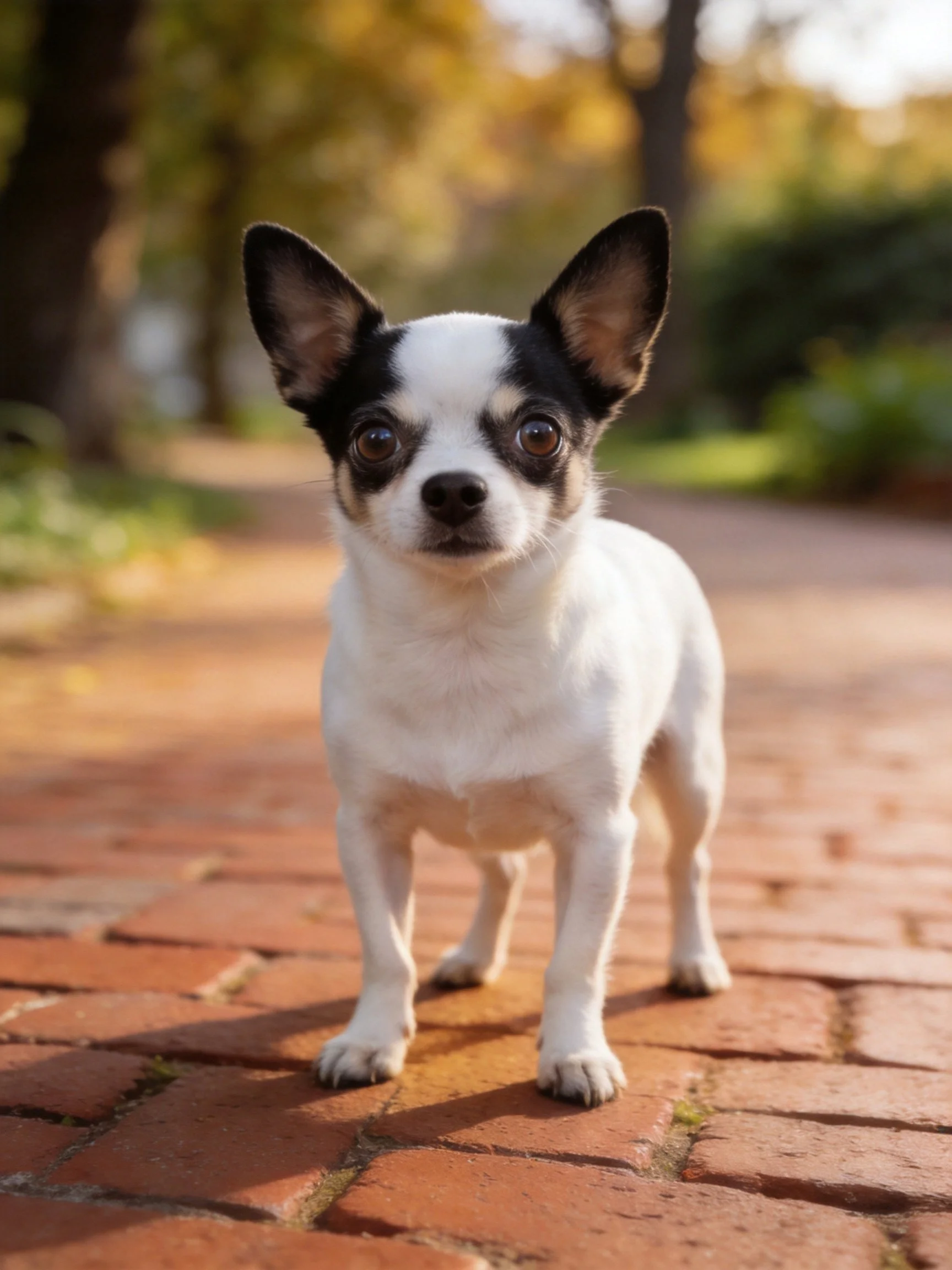 A small white and black dog stands alert on a brick pathway outdoors