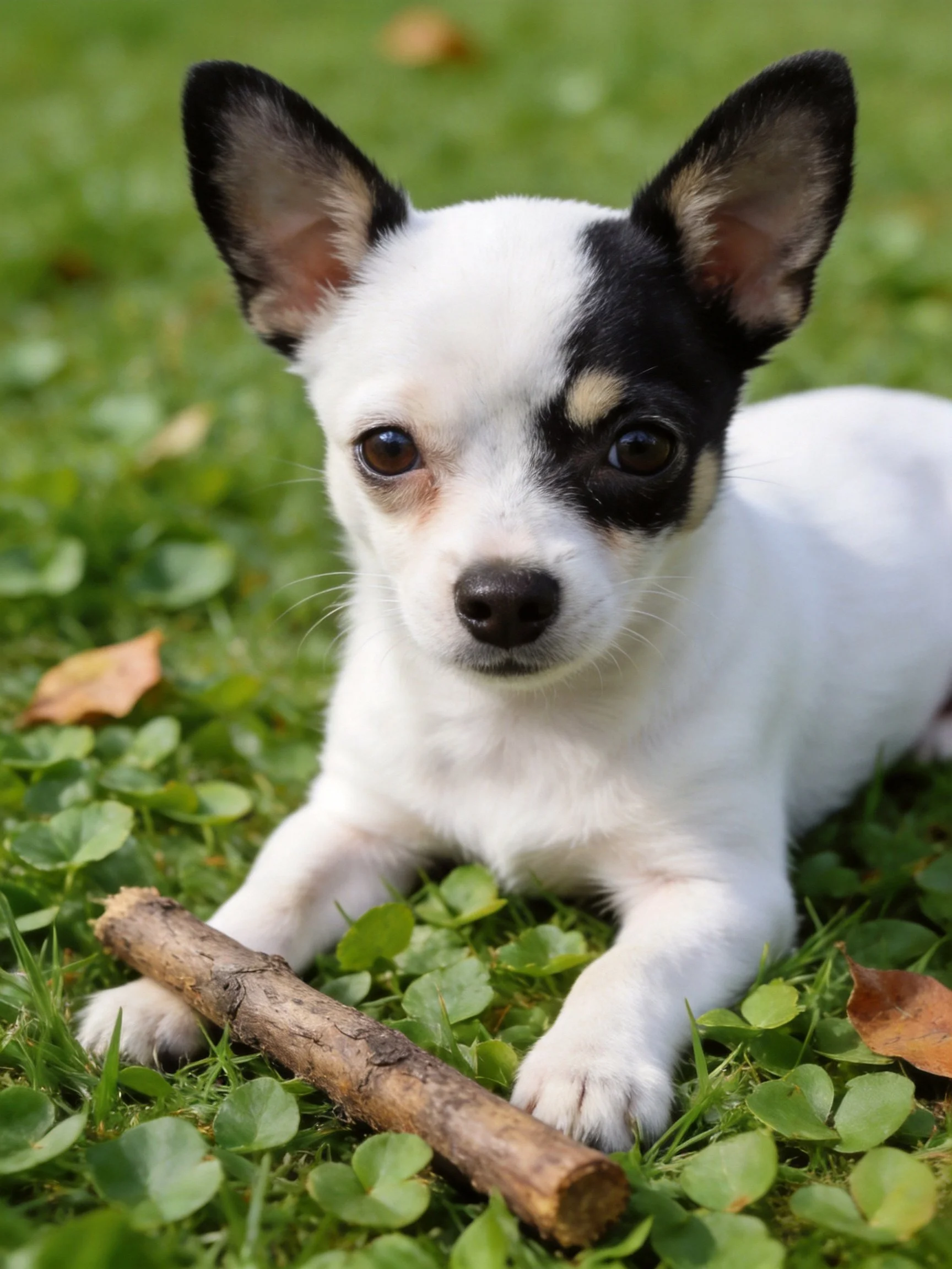 A small white and black puppy rests beside a wooden stick on green grass.