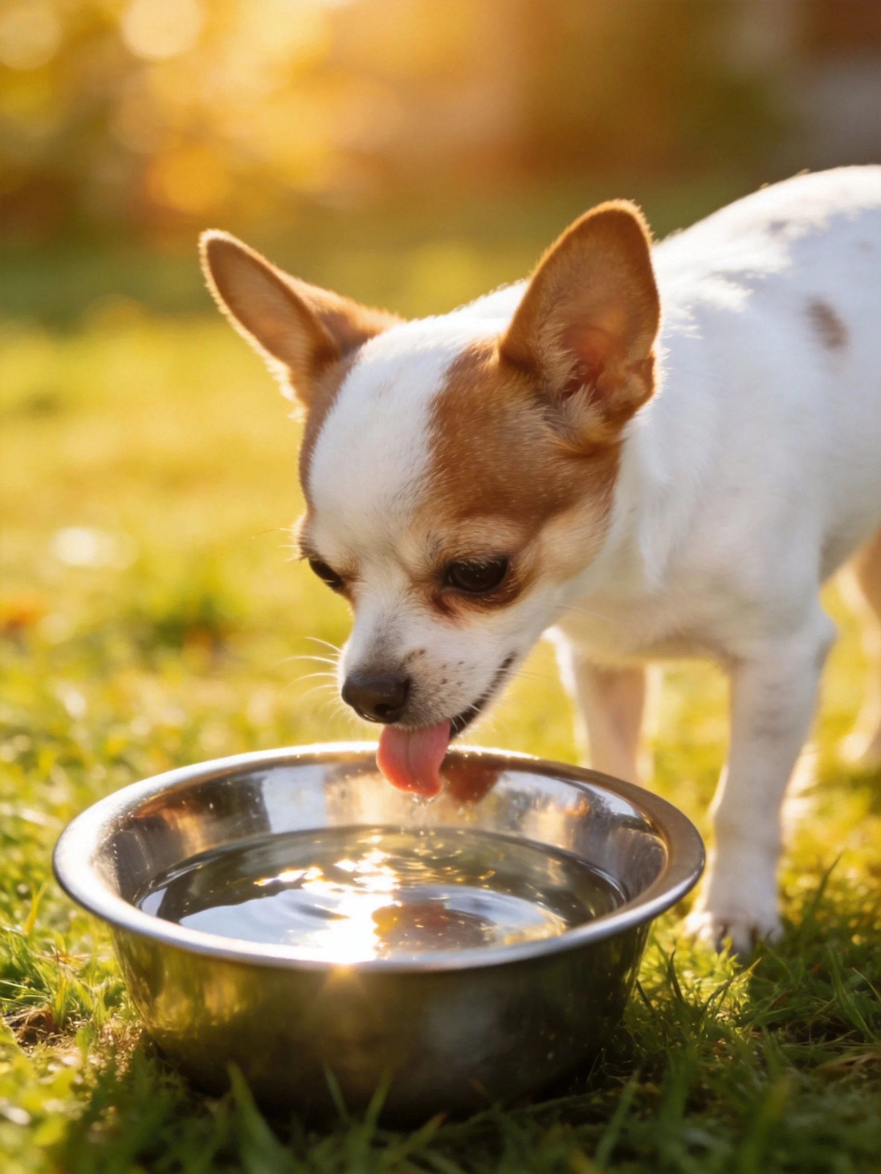 A small white and brown dog drinks from a metal water bowl on green grass