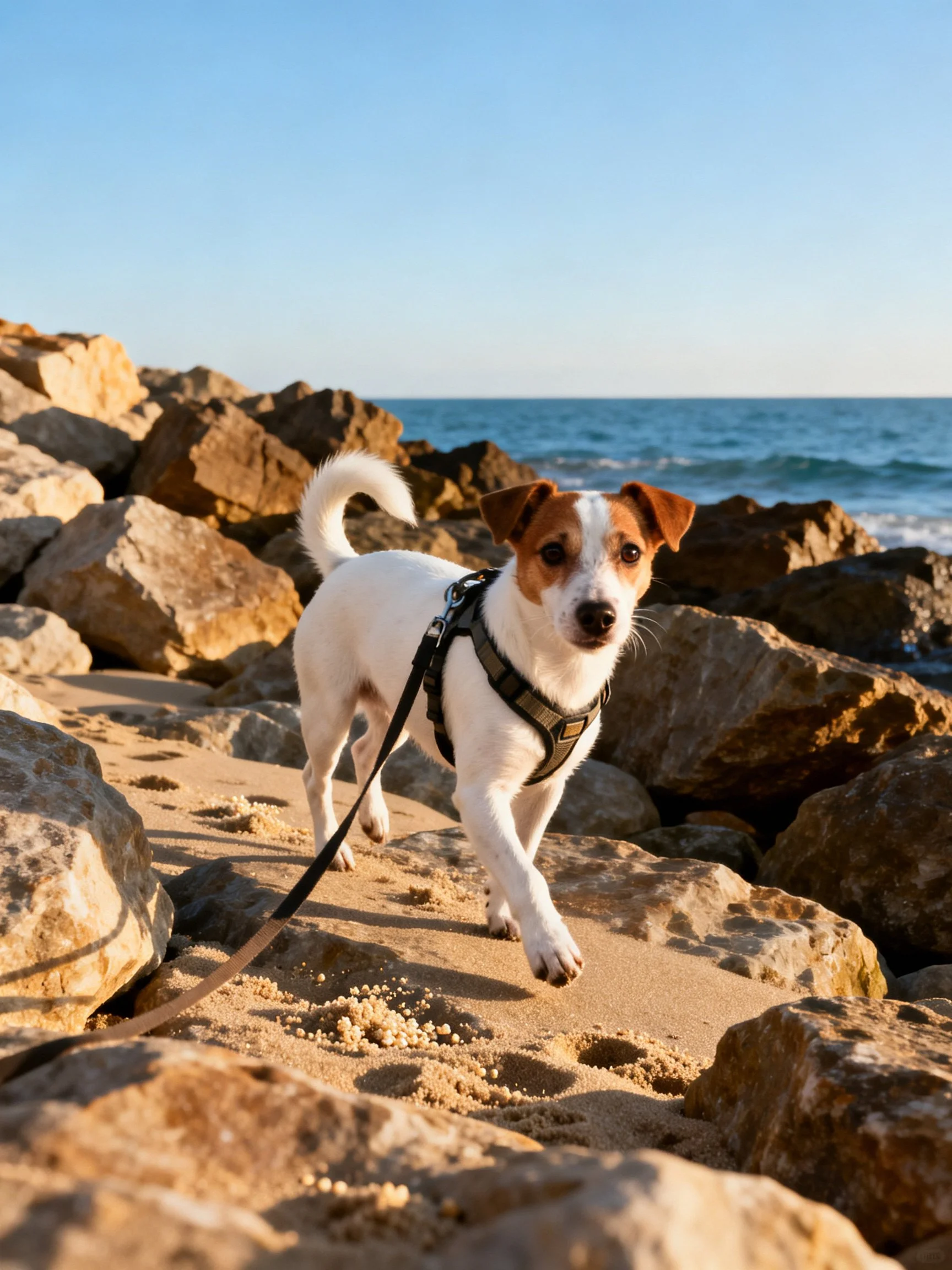 A small dog walks along rocky shore near the ocean.