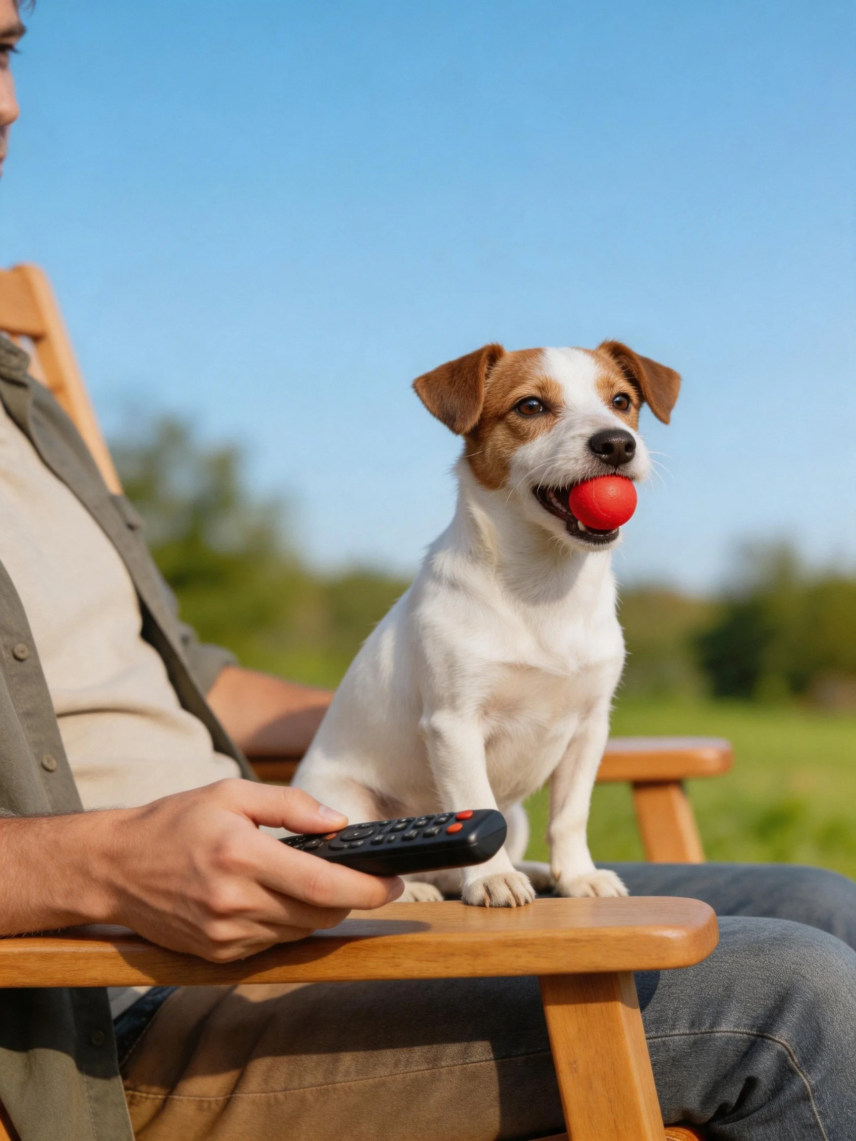 A dog with a red ball sits beside a person holding a remote in an outdoor area.