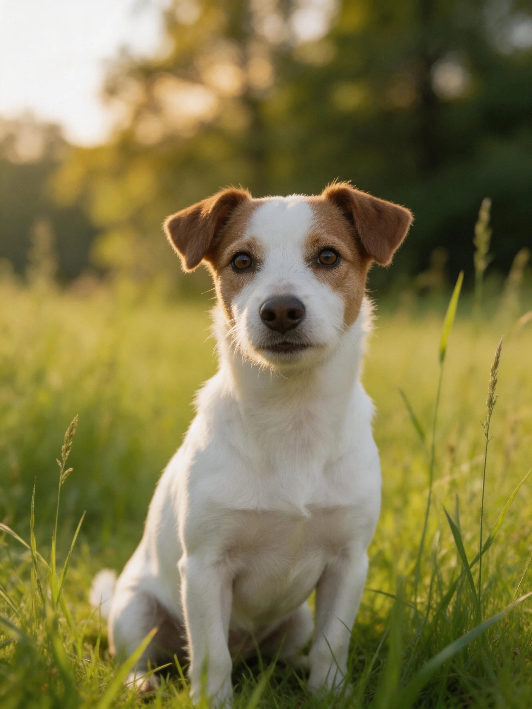 A small white and brown dog sits peacefully in a sunlit grassy area.