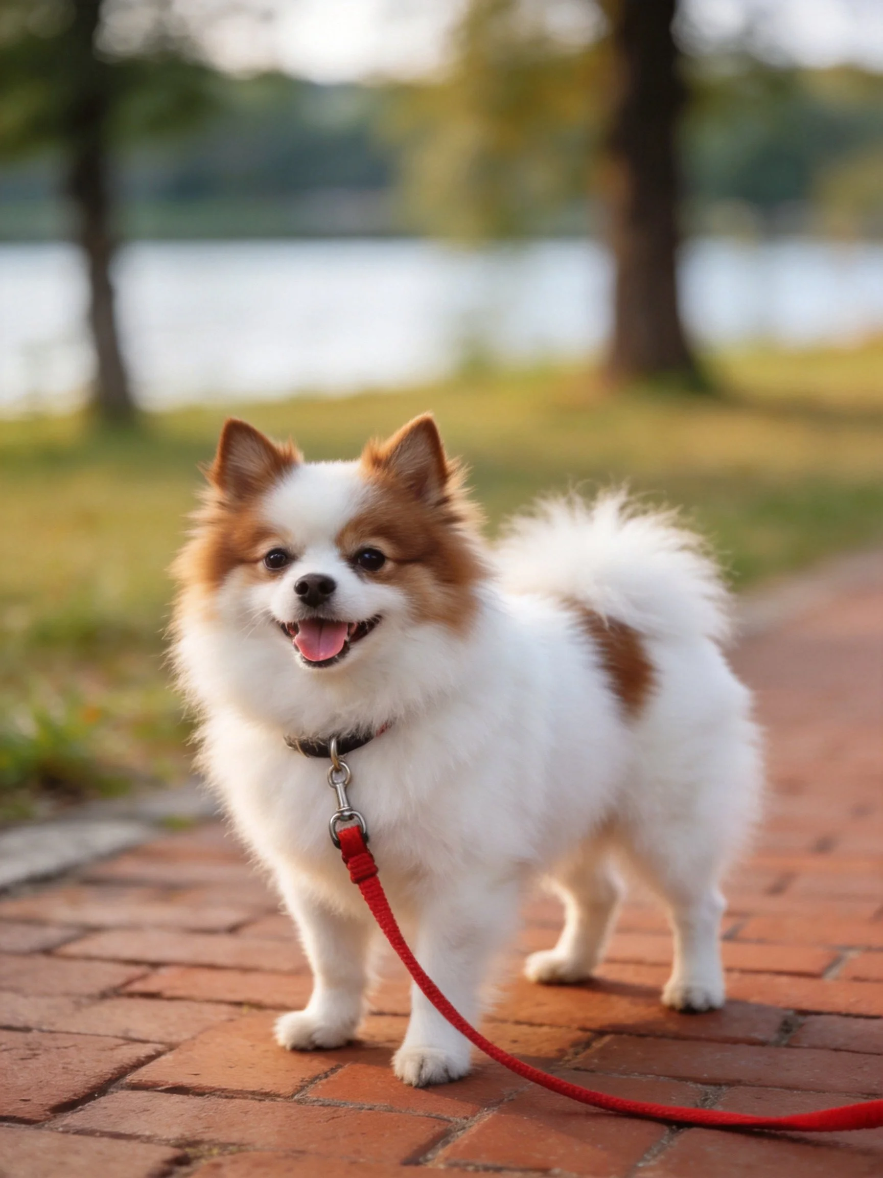 A small dog with a red leash stands on a brick path near nature.