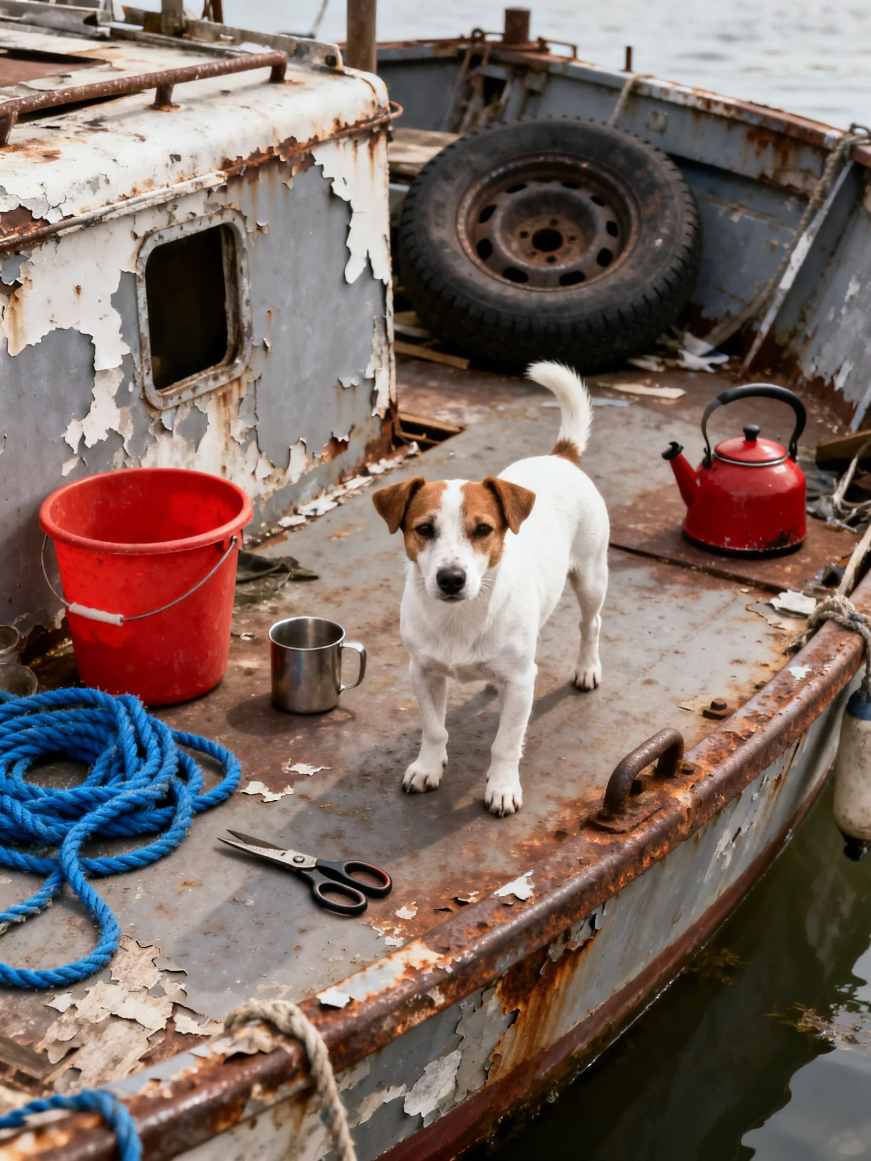 A dog stands on an old, rusted boat surrounded by nautical equipment.