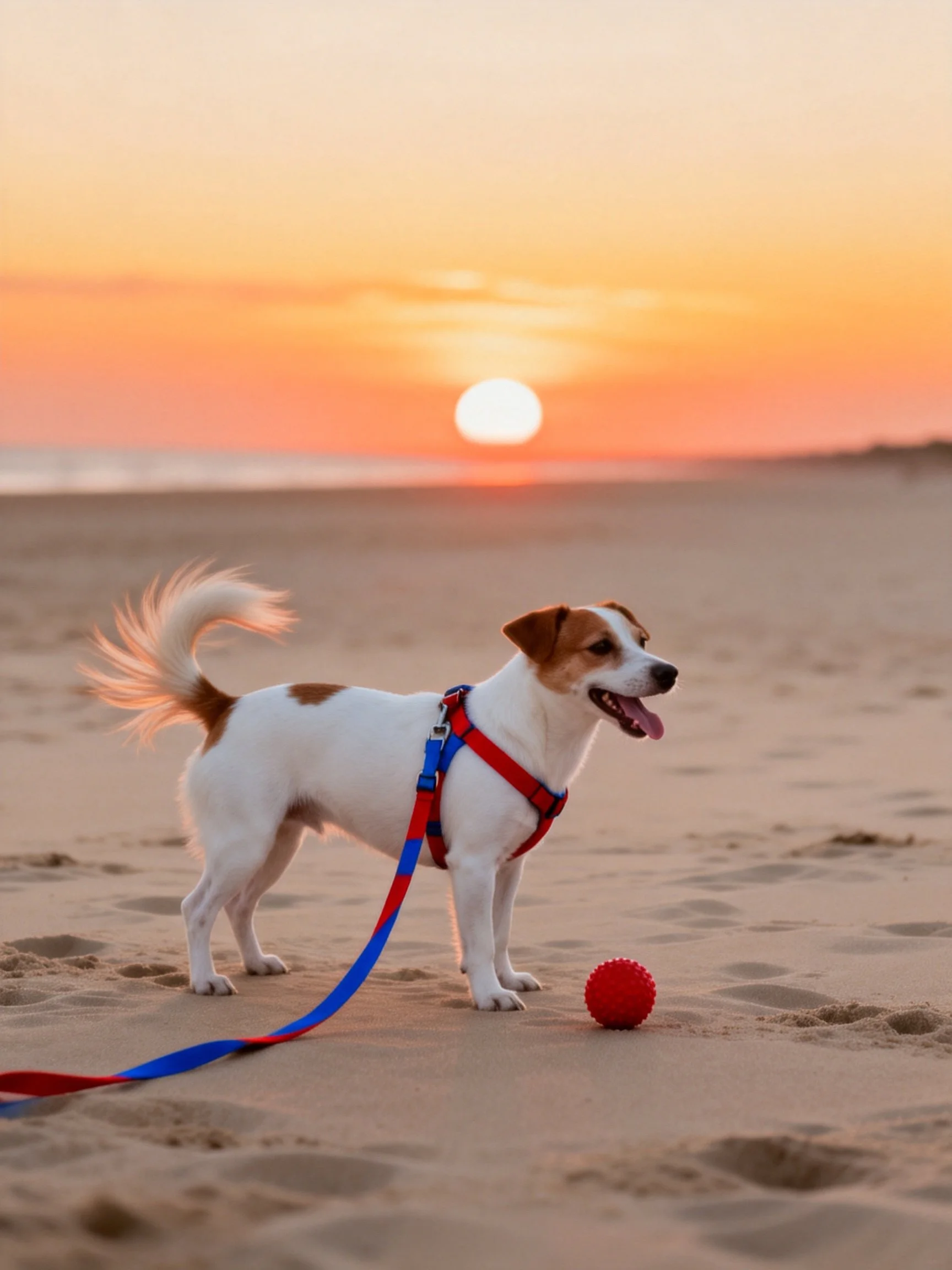 A small dog stands on a sandy beach with a red ball nearby during sunset.