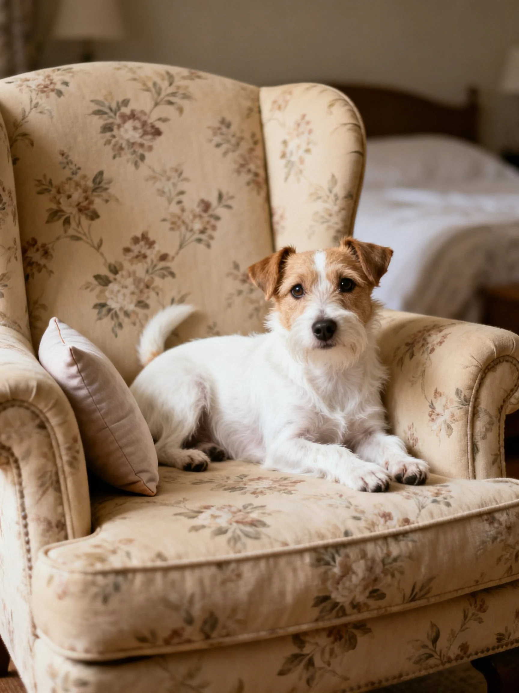 A small dog rests on a floral armchair in a cozy bedroom.