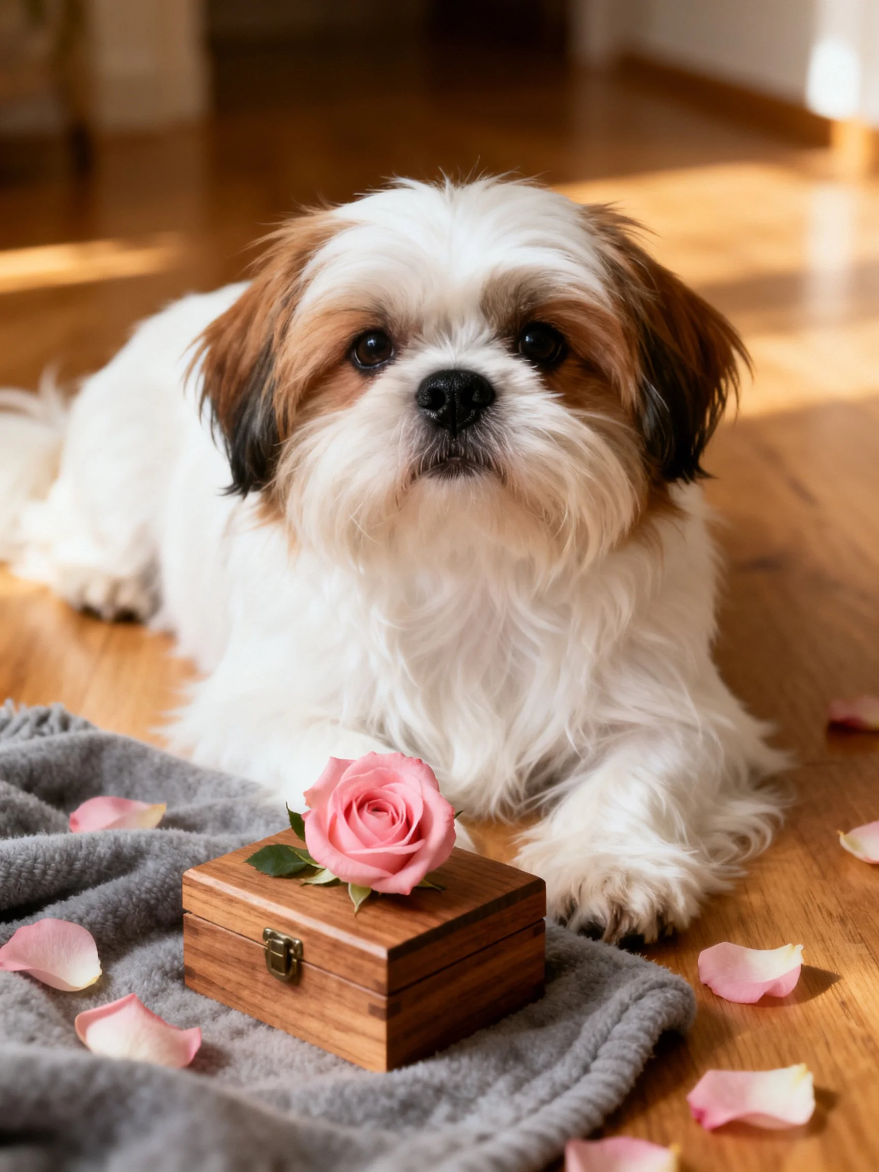 A small dog rests beside scattered rose petals and a wooden box with a rose.