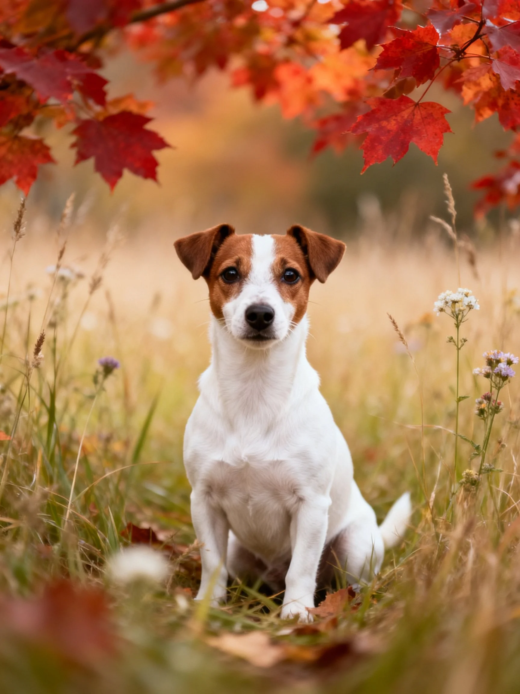 A dog sits calmly among tall grass and colorful autumn foliage.