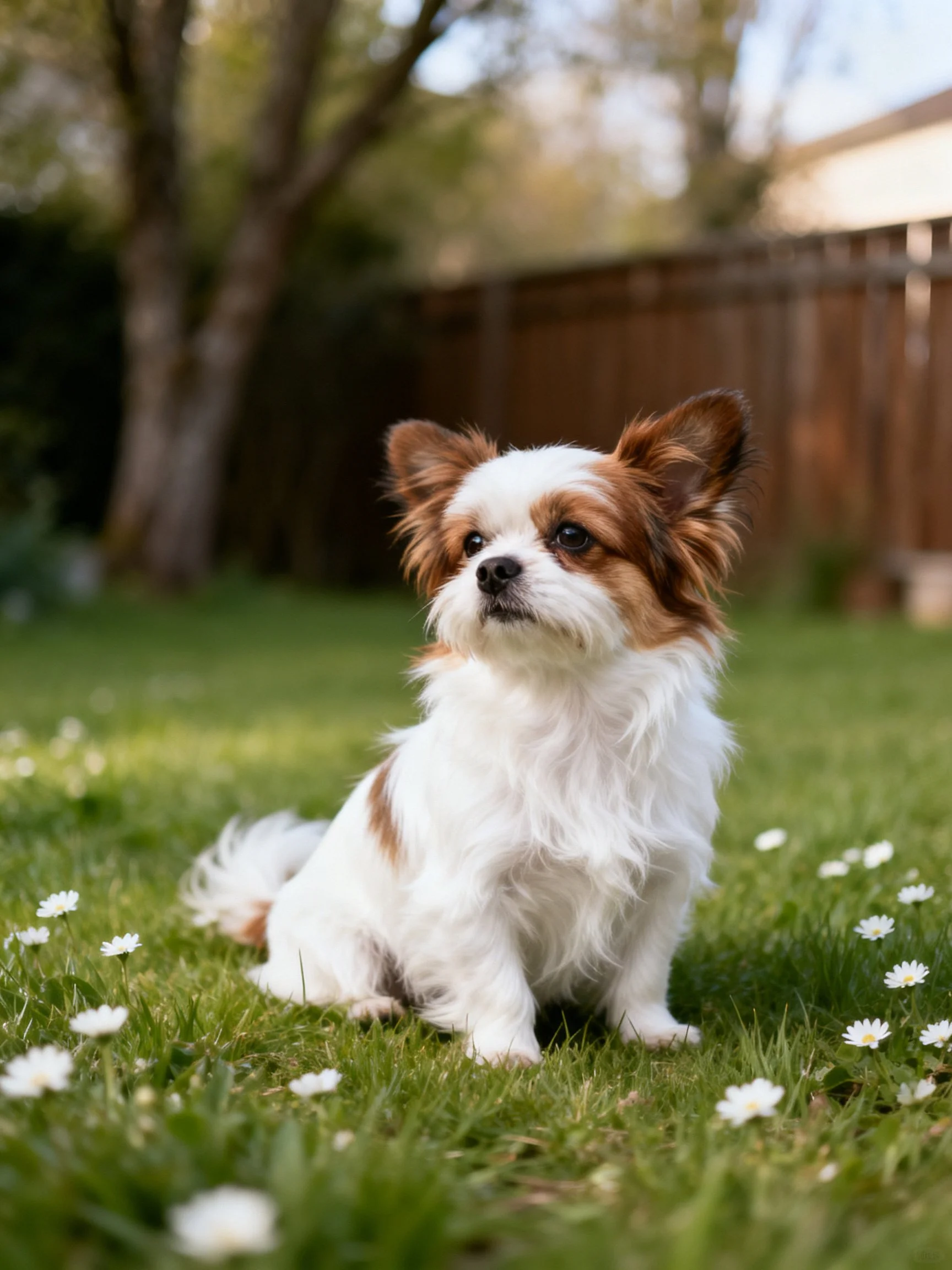 A small white and brown dog sits in a grassy yard with flowers.