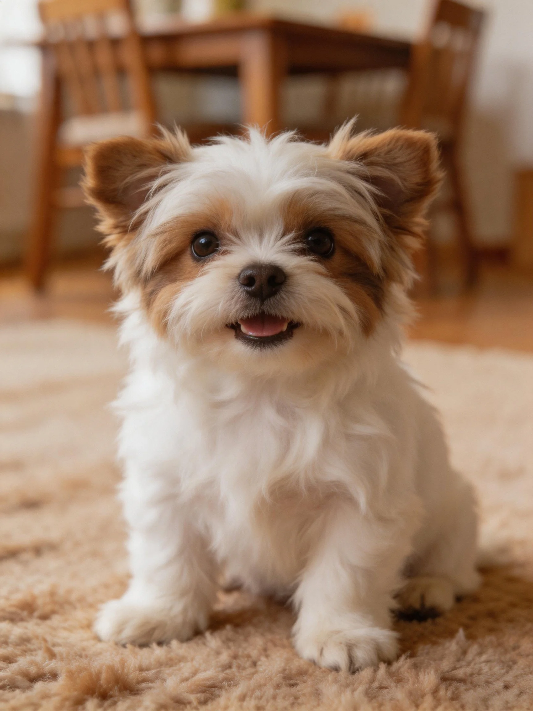 A small white and brown dog sits happily on a beige rug in a cozy indoor setting.