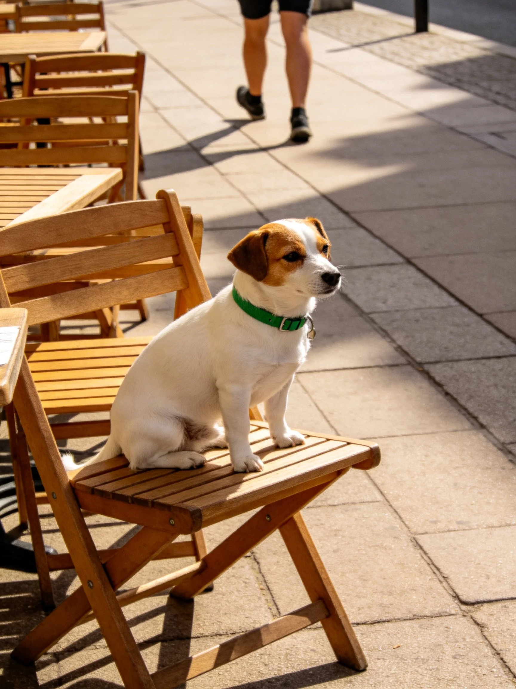 A small white and brown dog sits on a wooden chair near a sunlit sidewalk.