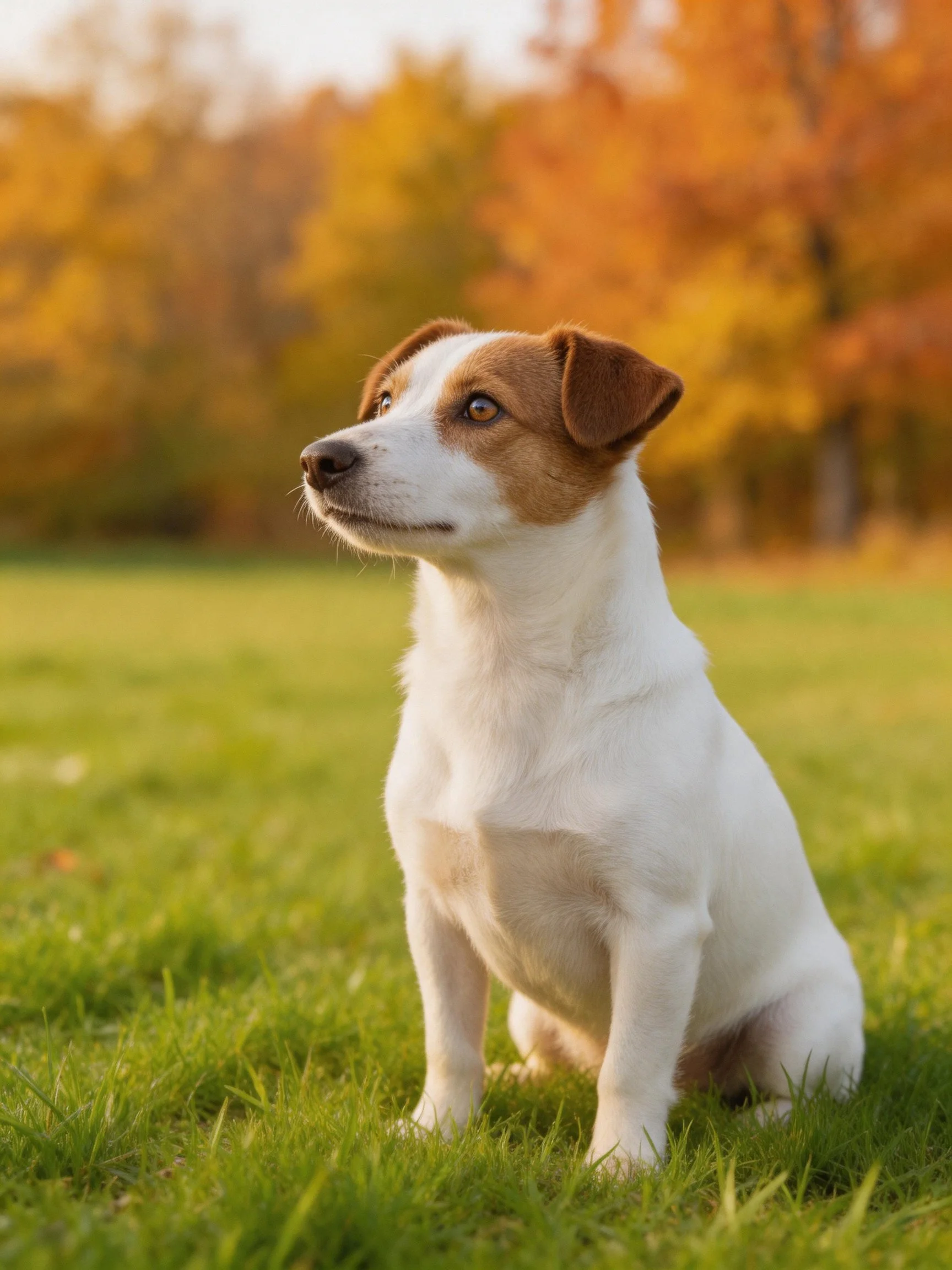 A small dog with white and brown fur sits on grass beside autumn foliage.