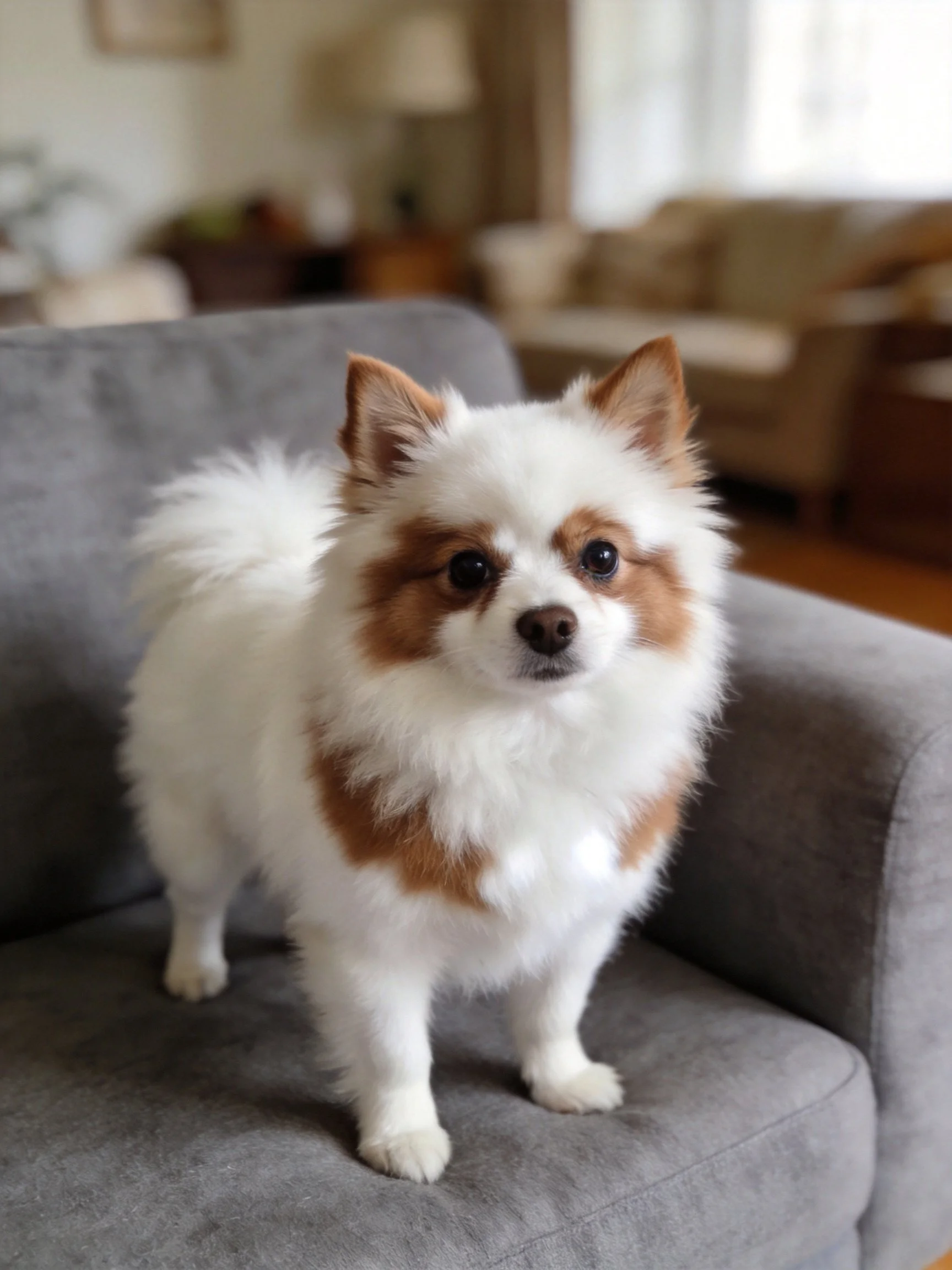 A small white and brown dog stands on a gray couch in a cozy living room.