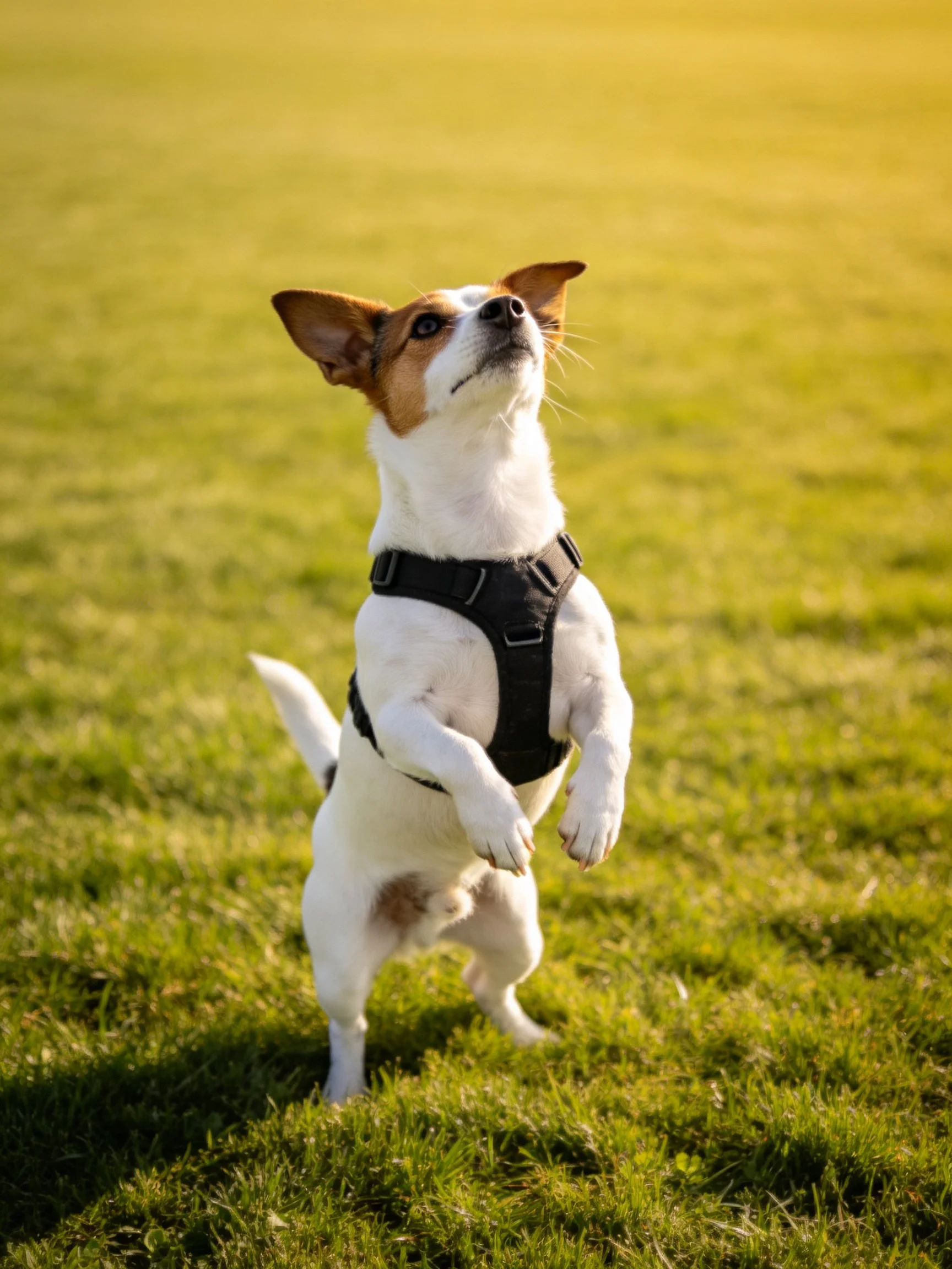 A small dog in a harness stands upright on grass.