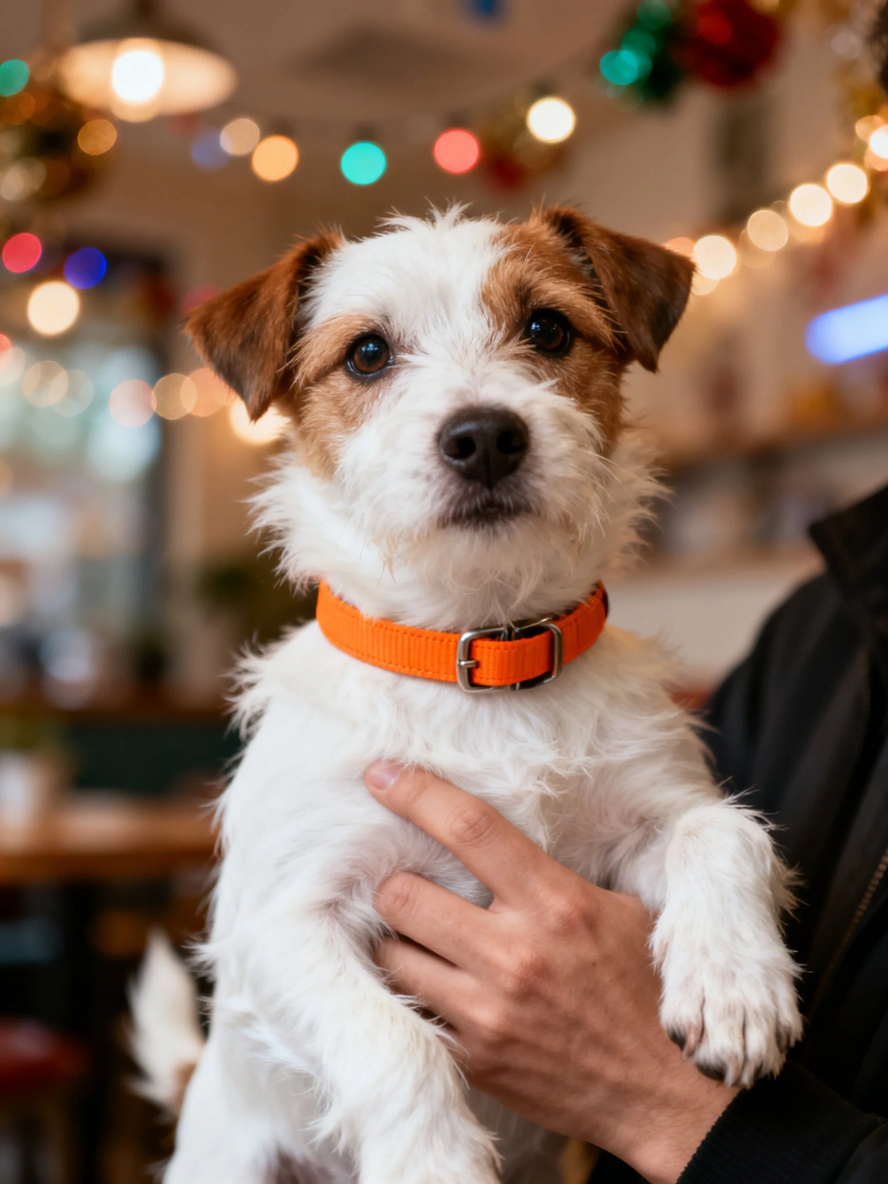 A small white and brown dog wearing an orange collar