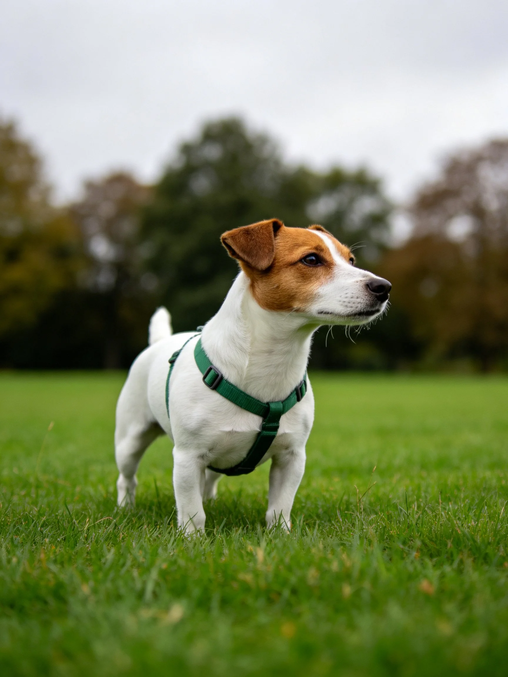 A small dog with a green harness stands on a grassy field with trees behind the distance.