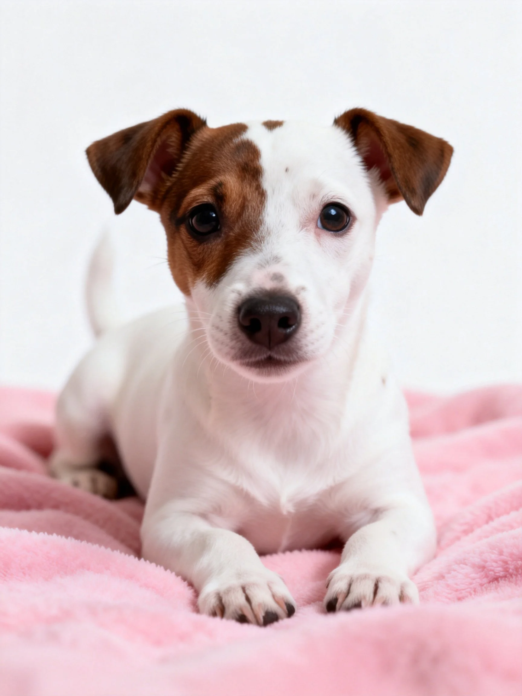 A small white and brown puppy rests on a pink blanket.