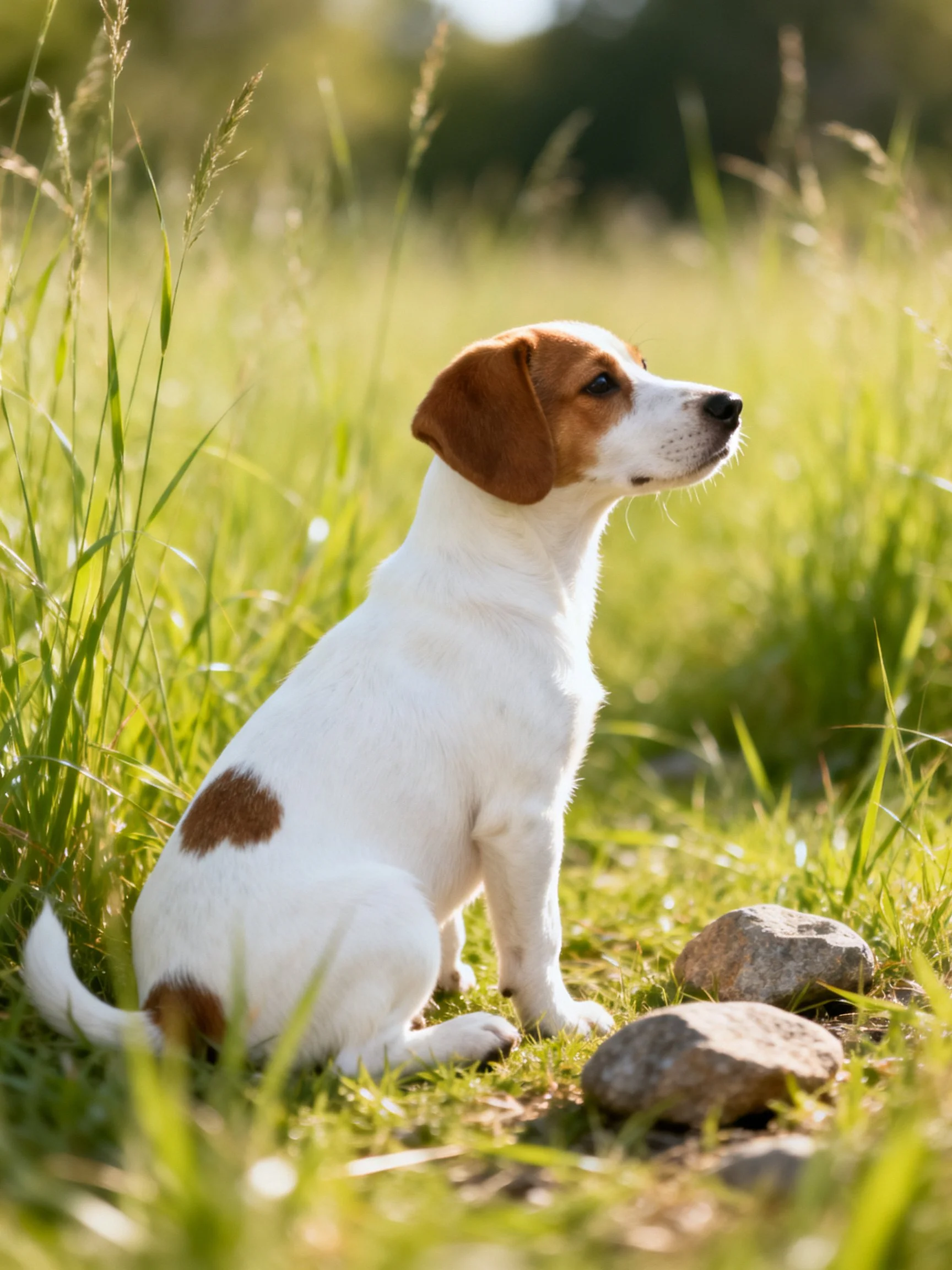 A small white and brown puppy sits calmly in a sunlit grassy area with rocks