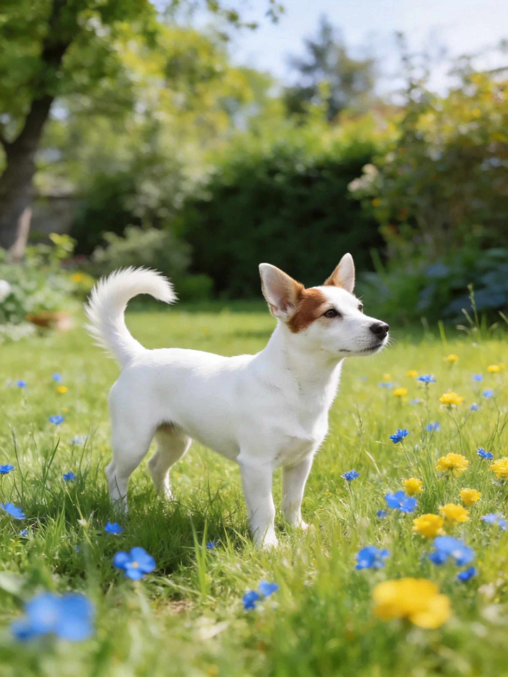 A small white and tan dog explores a sunlit garden with blue and yellow wildflowers