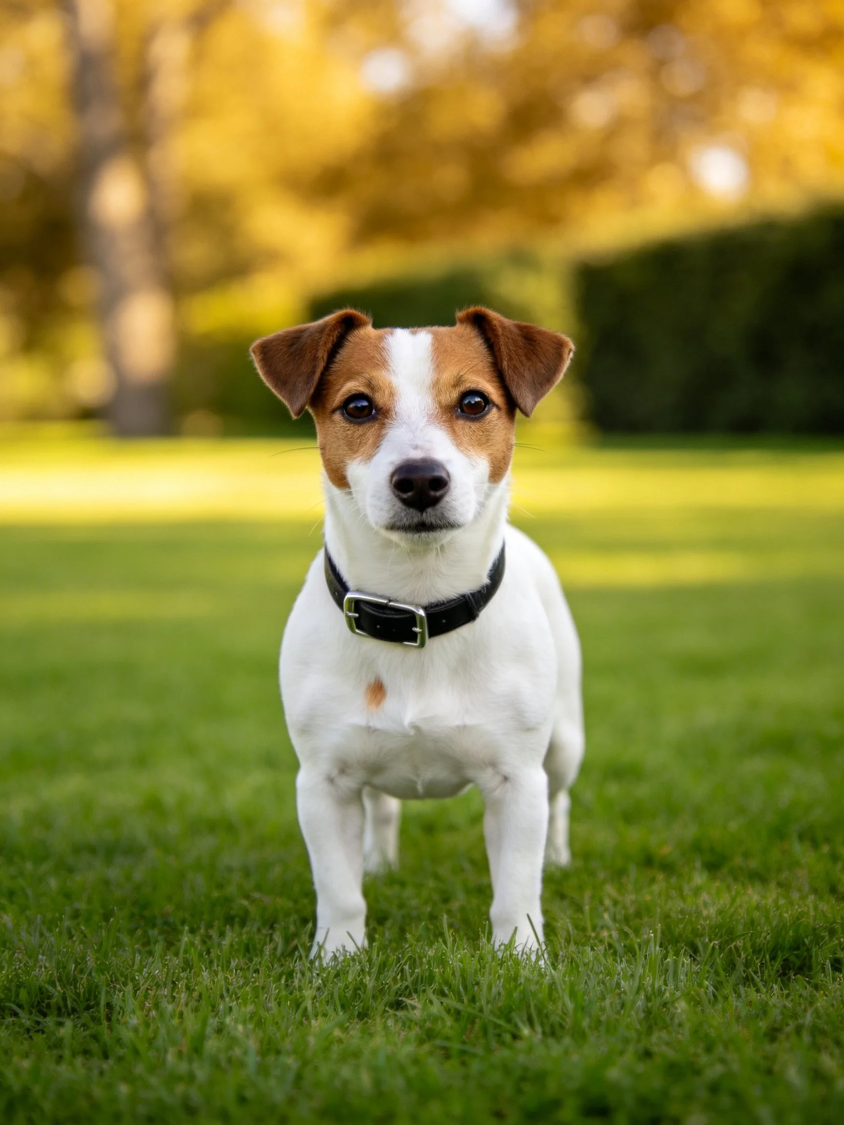 A small dog stands on grass with a blurred golden backdrop