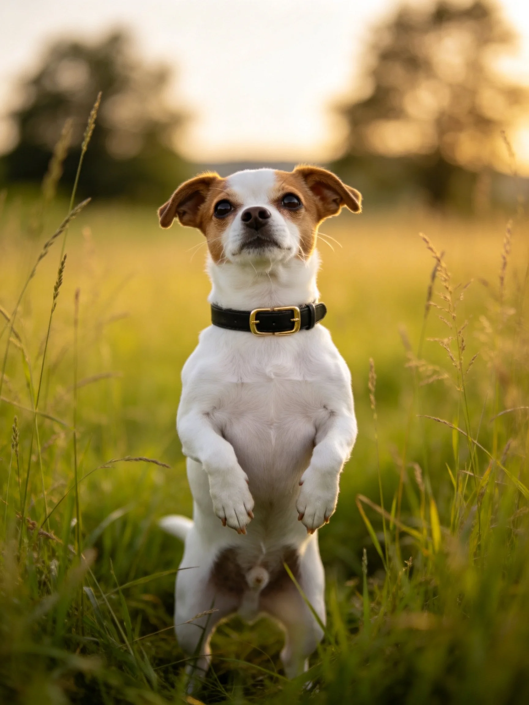 A small dog stands on its hind legs in a sunlit meadow surrounded by tall grass.