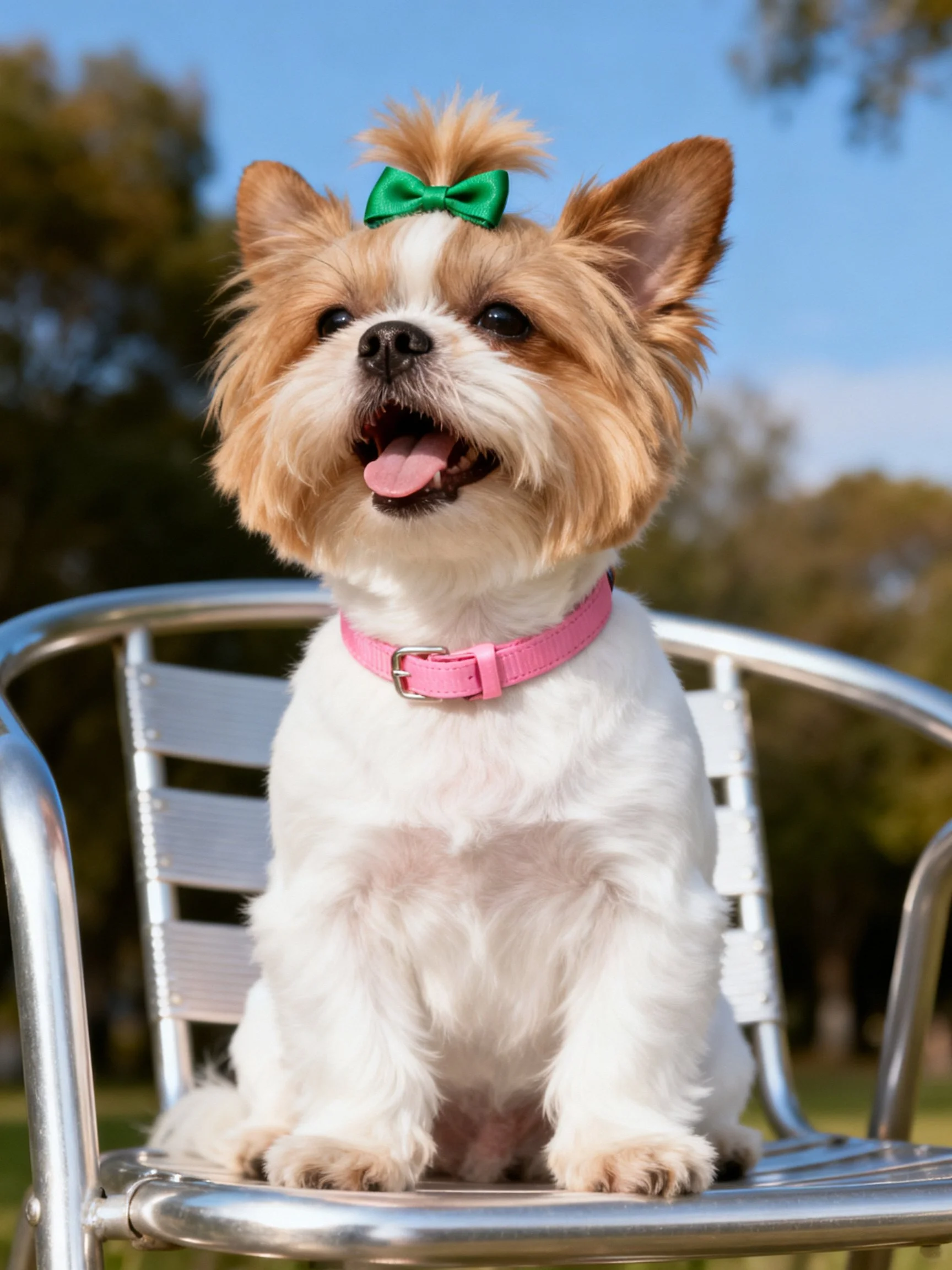 A small dog with accessories sits on a metal chair outside