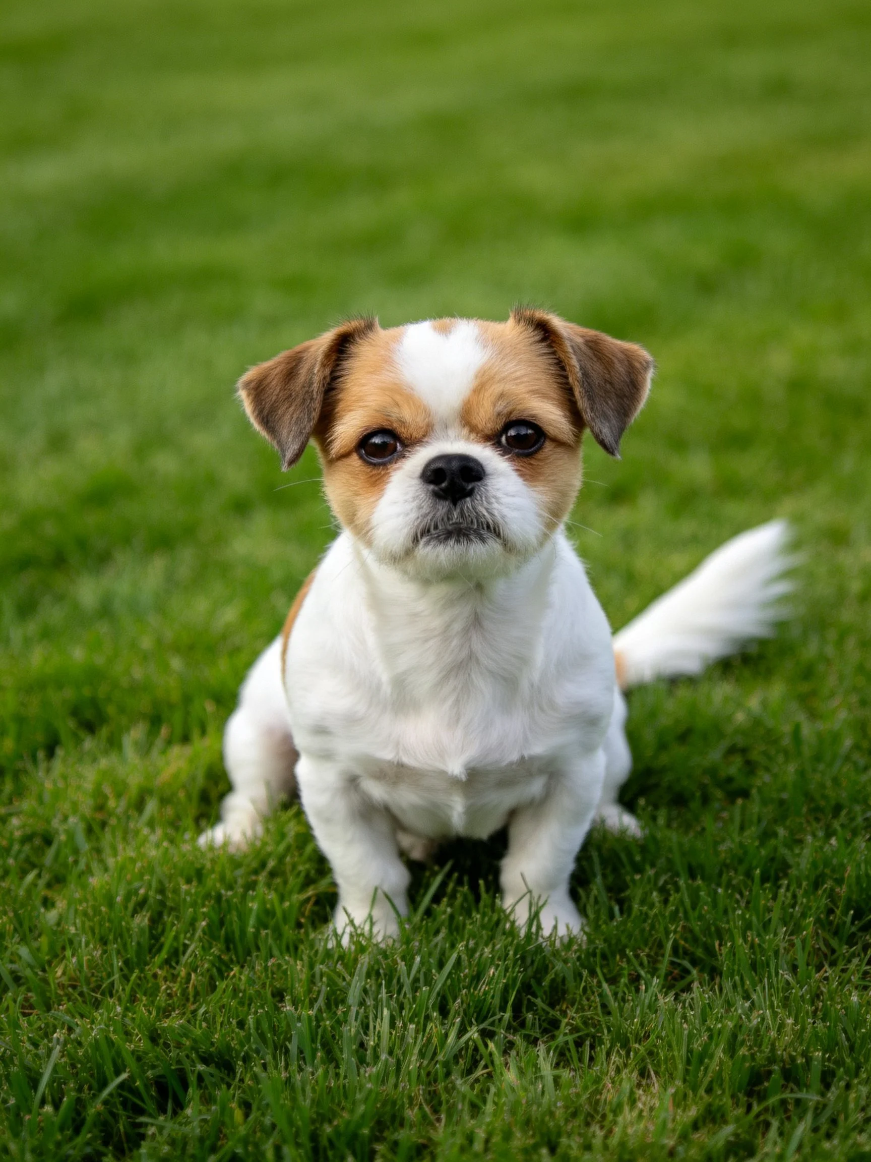 A small white and tan puppy sits calmly on vibrant green grass.