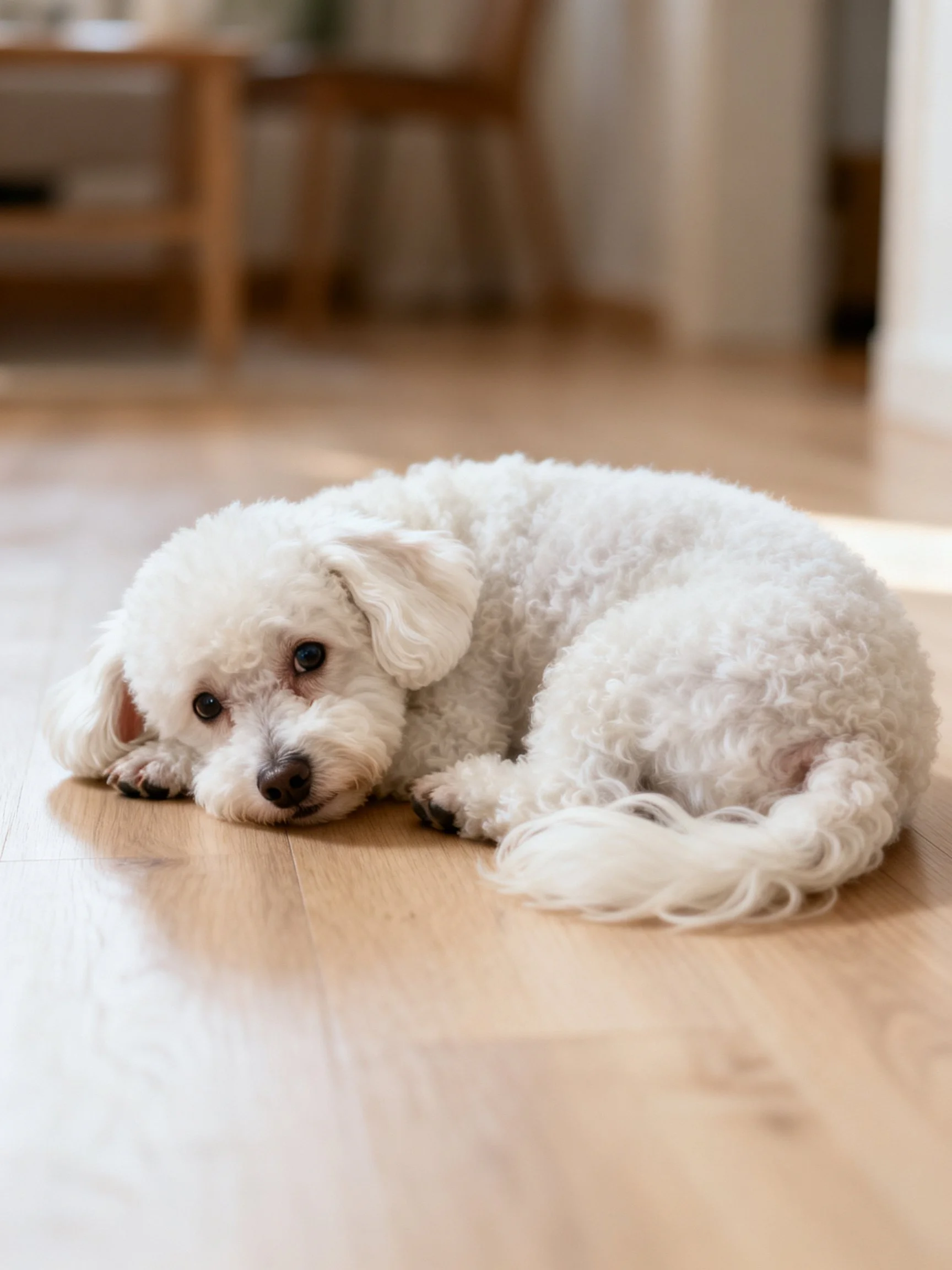 A small white dog rests calmly on a wooden floor indoors.