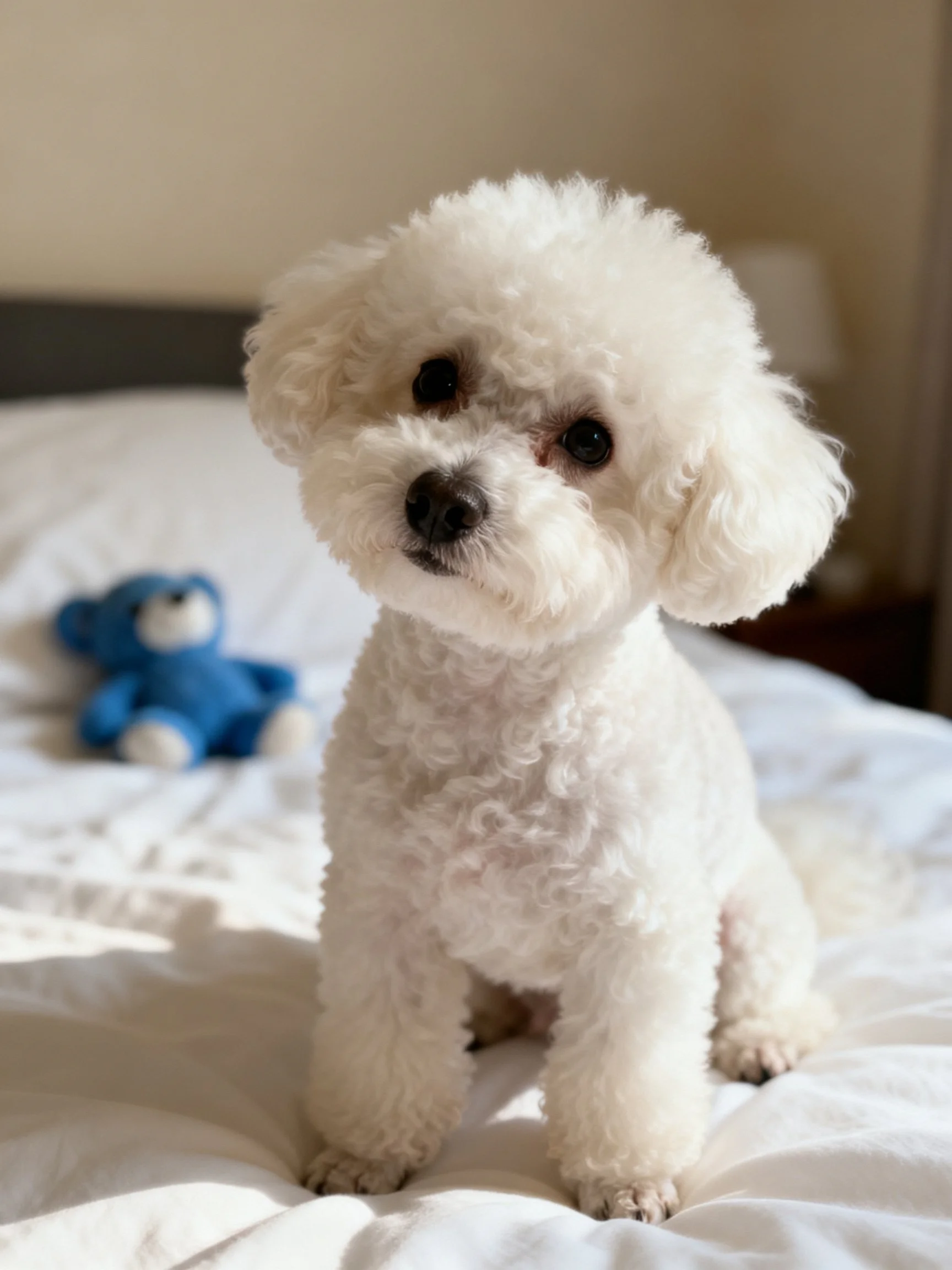 A small white dog sits on a bed with a blue stuffed toy in the background