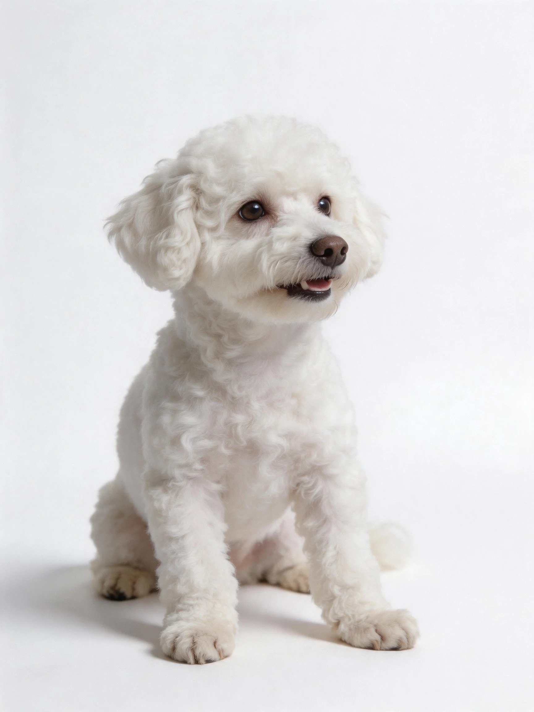A small white curly-haired dog sits calmly against a plain white backdrop.
