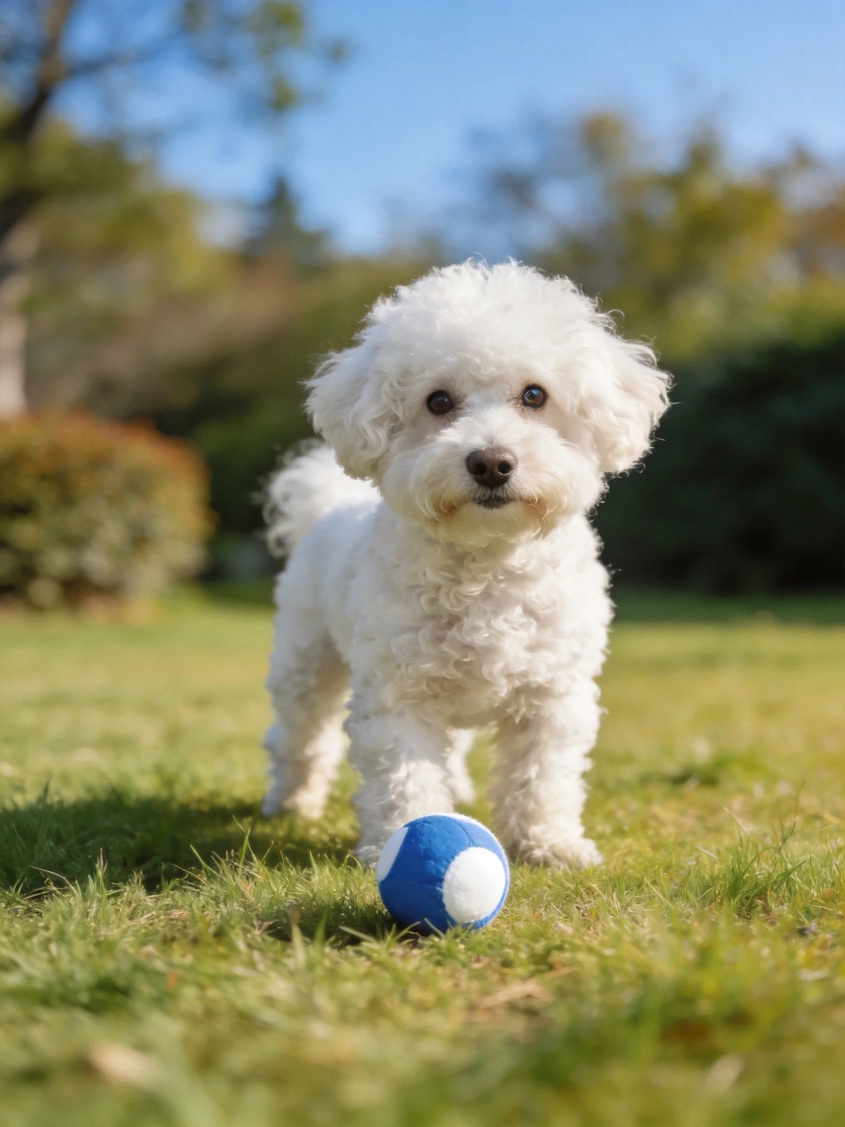 A small white dog stands near a blue and white ball in a sunny outdoor setting.