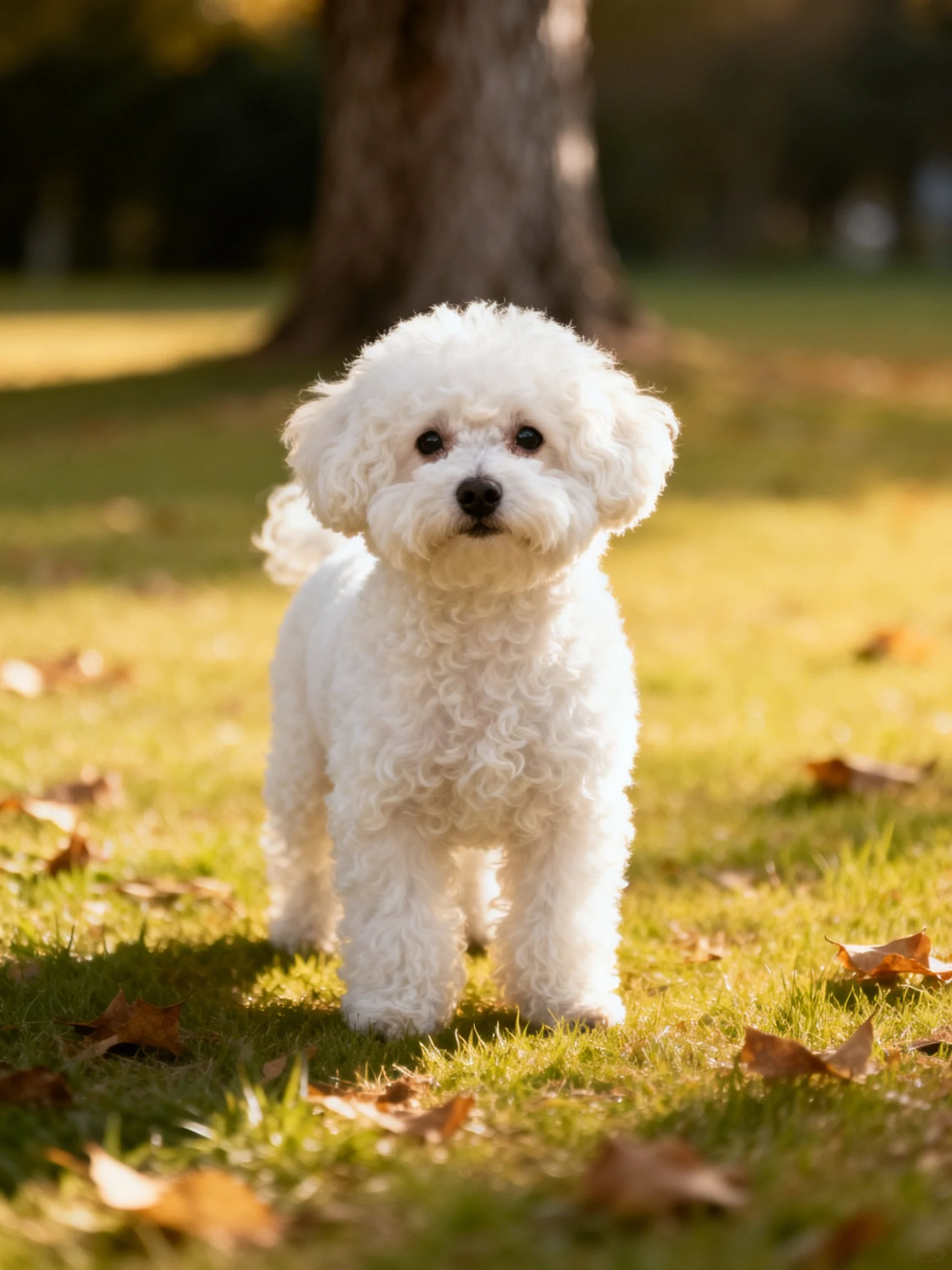 A small white curly-haired dog stands on sunlit grass surrounded by autumn leaves.