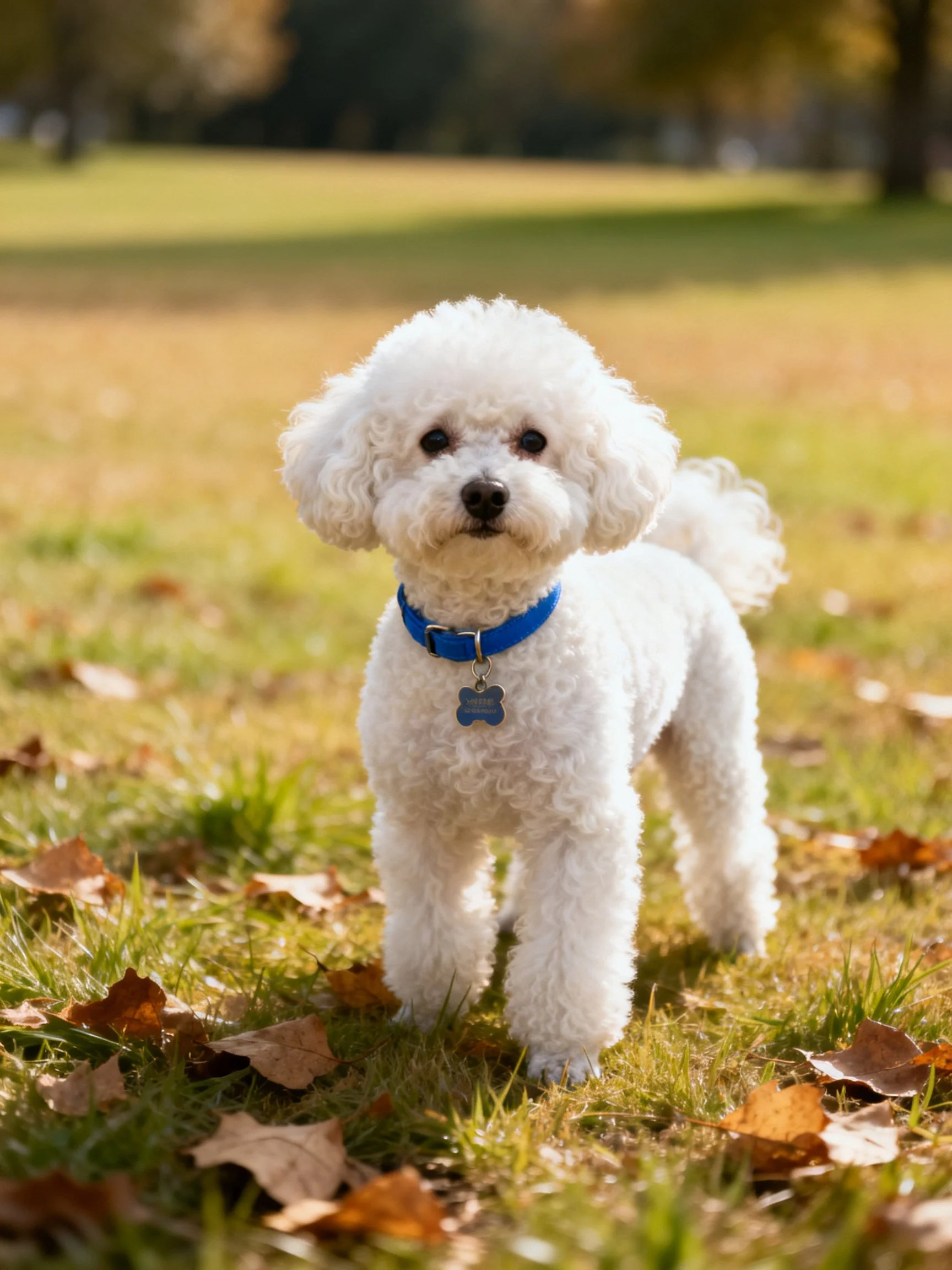 A small white dog wearing a blue collar stands on grass with autumn leaves.
