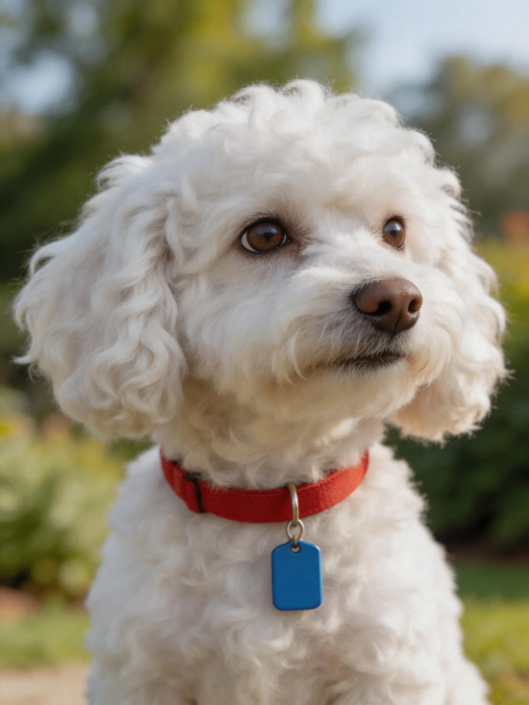 A small white curly - haired dog with a red collar stands outdoors.