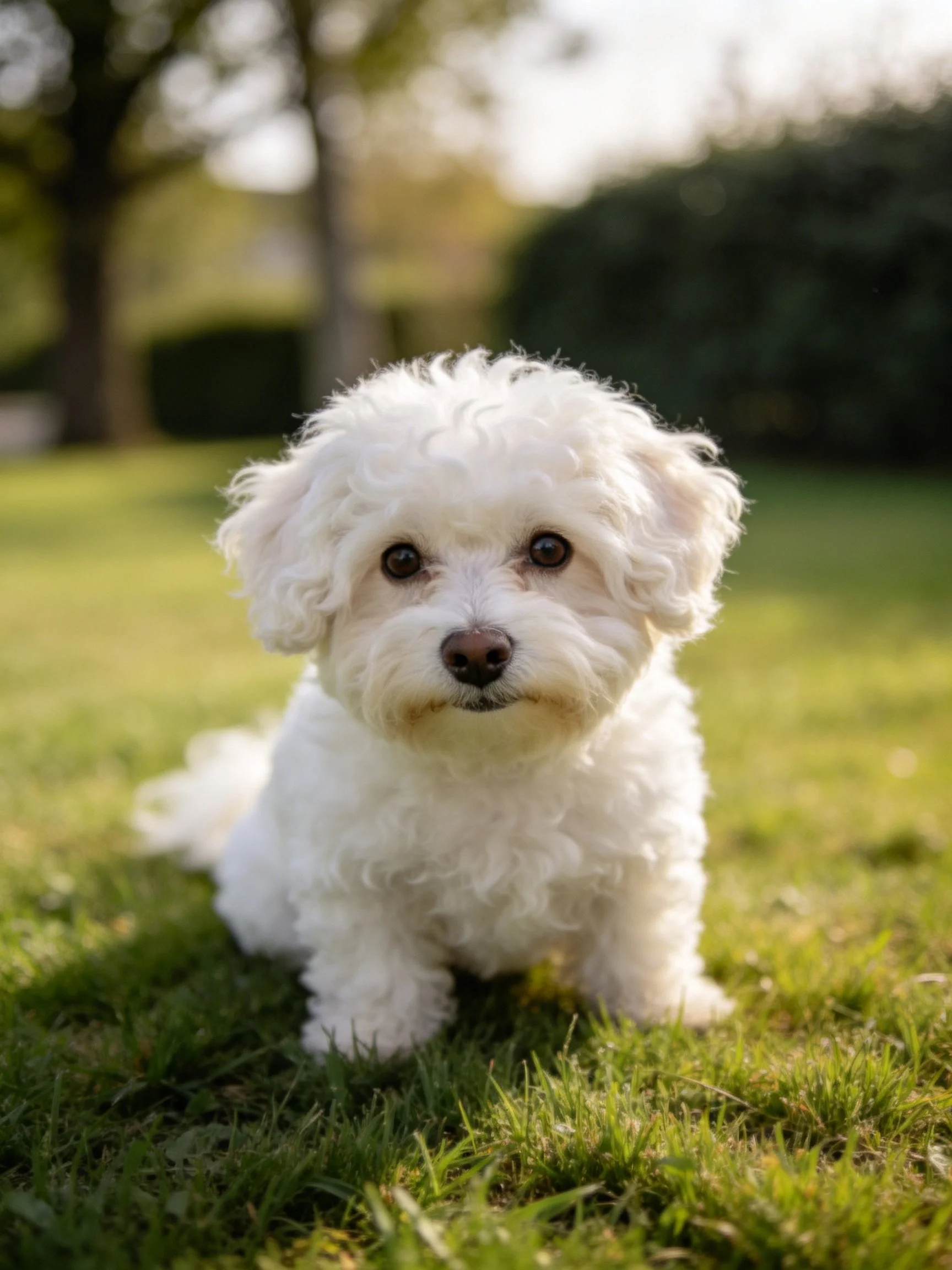 A small white curly - haired dog sits on green grass outdoors.