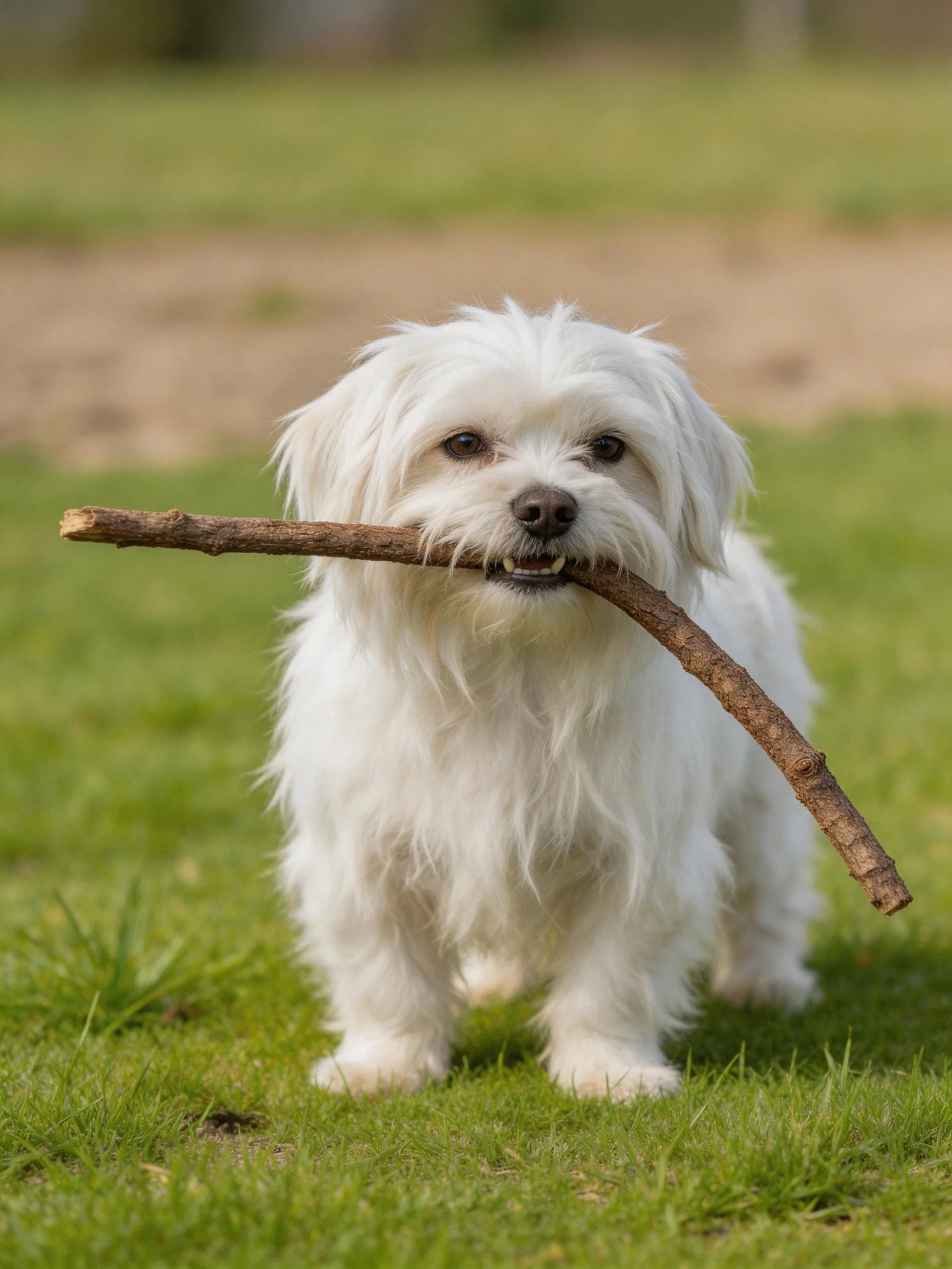 A small white dog holds a large stick while standing on grass.