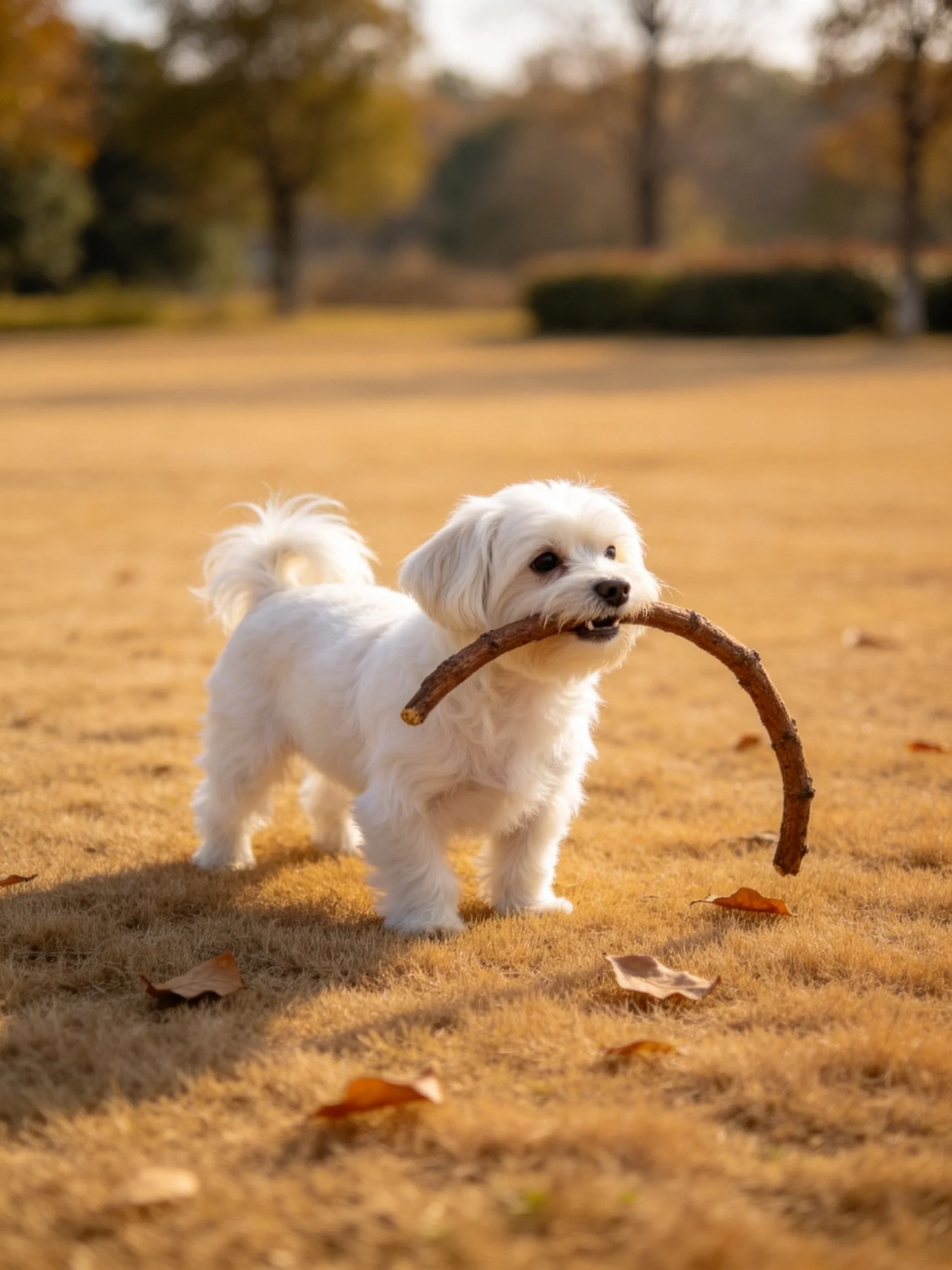 A small white dog holds a large stick on dry grass.
