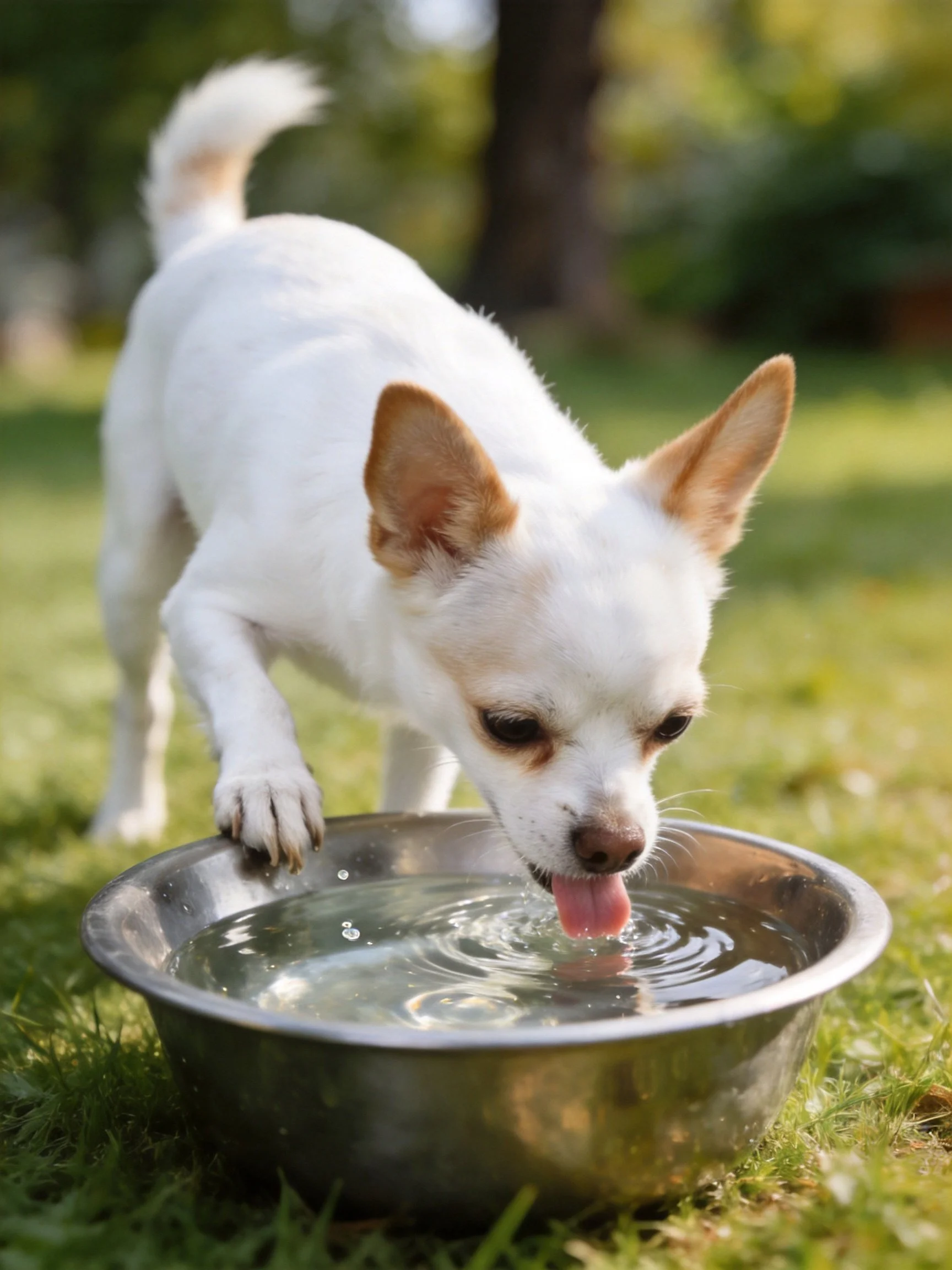 A small white dog drinks from a metallic water bowl on grass