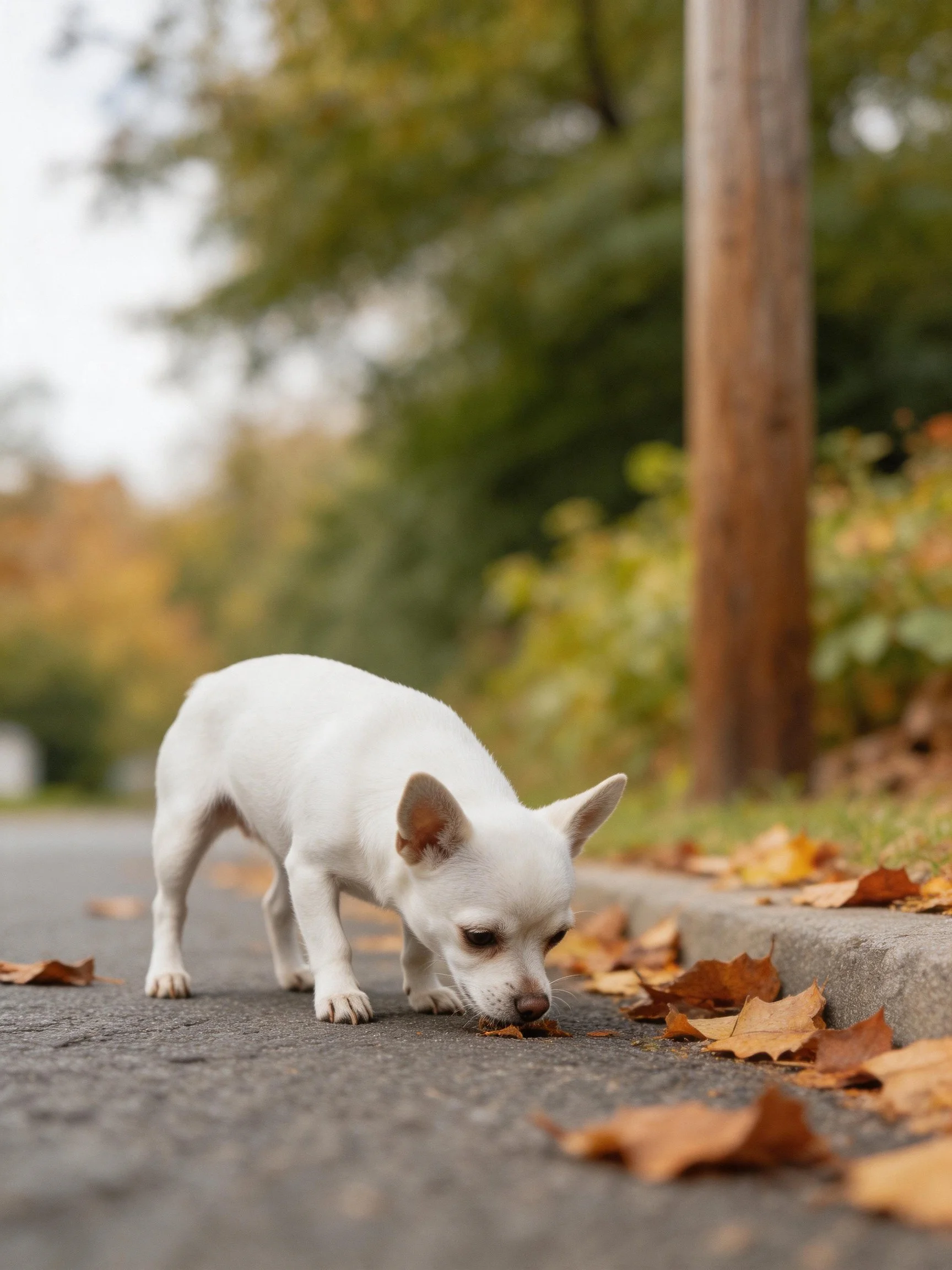 A small white dog sniffs fallen autumn leaves along a roadside.