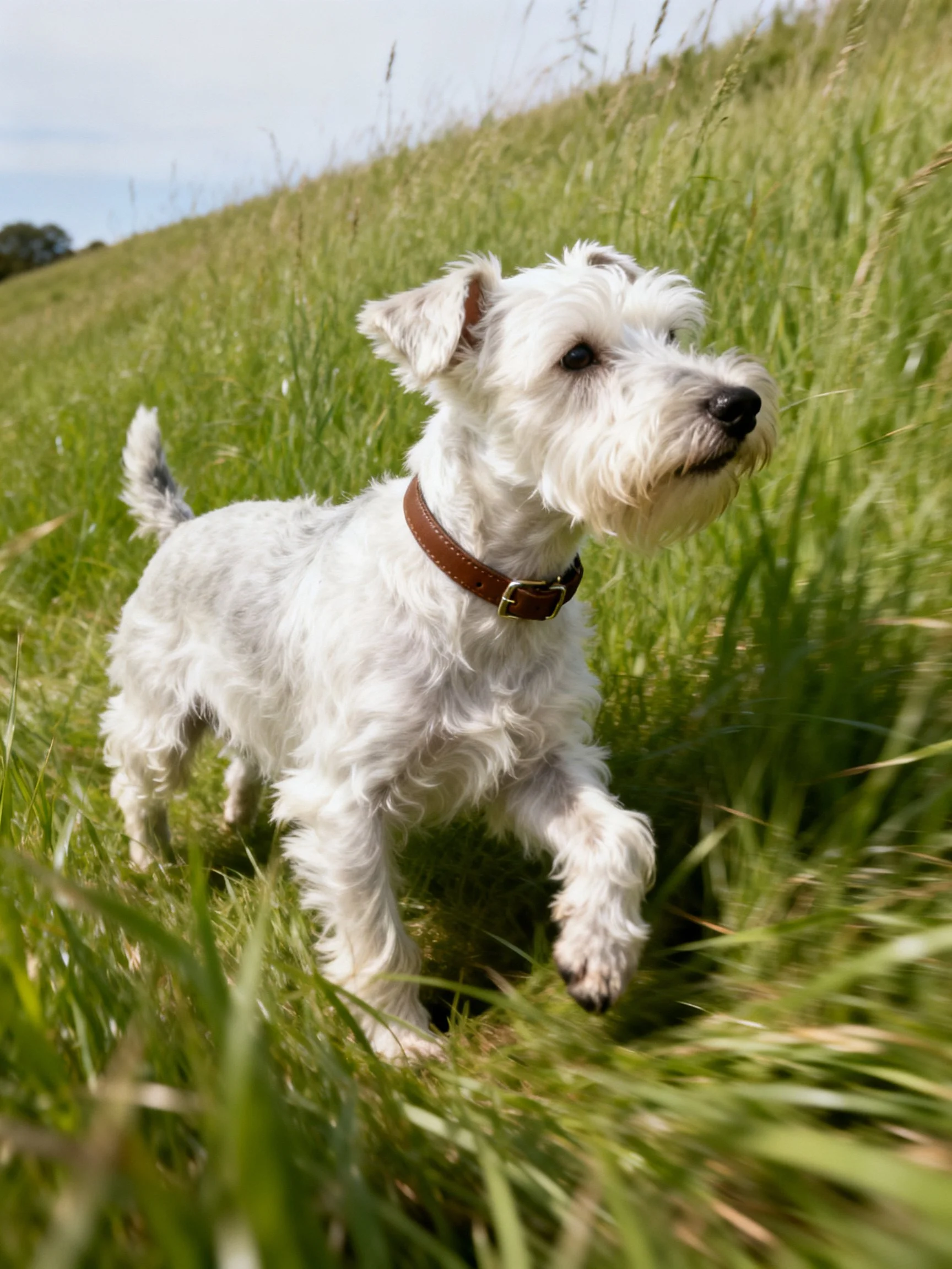 A small white dog explores a lush grassy hillside.