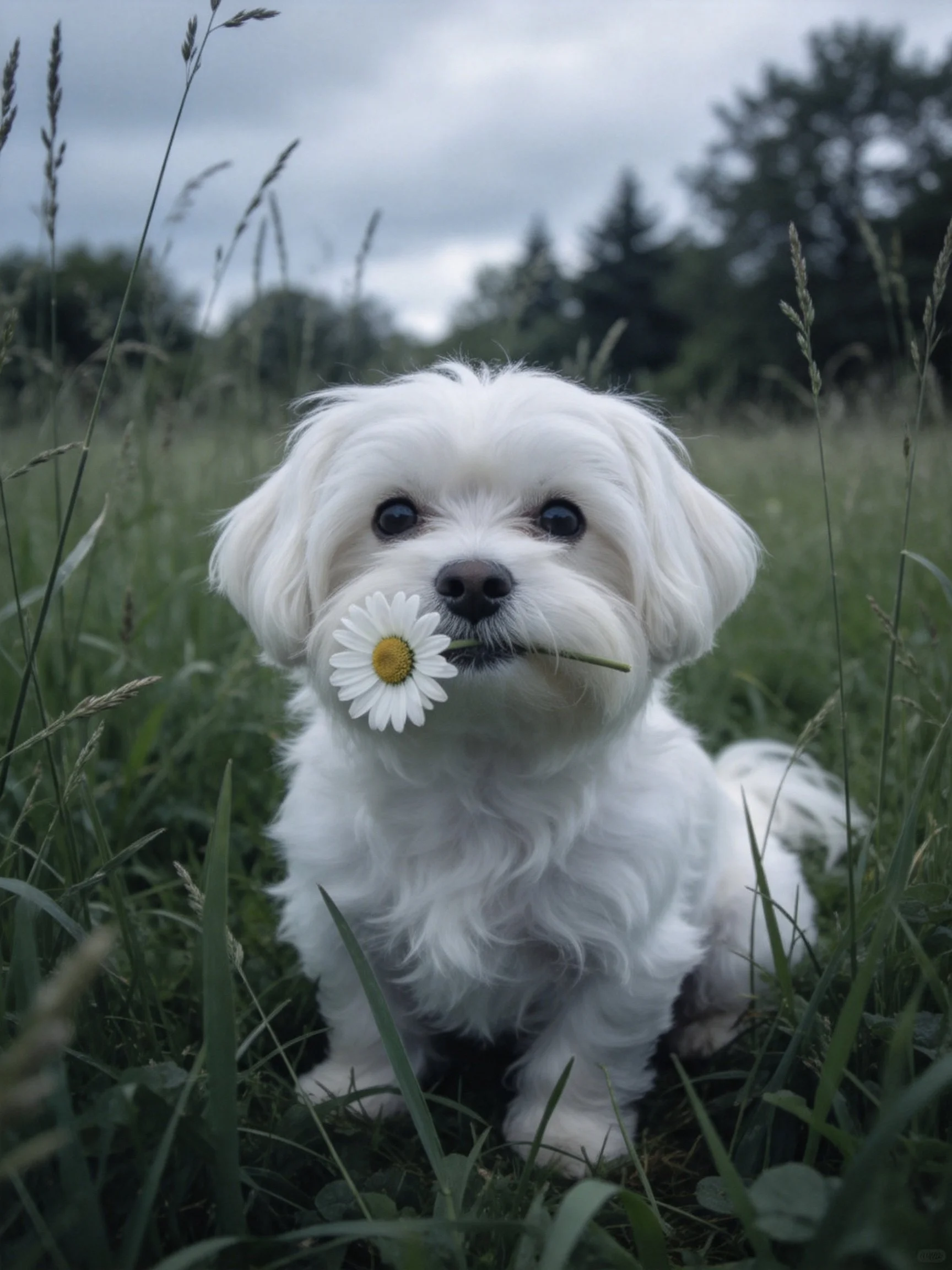 A small white dog sits in tall grass, holding a daisy near its mouth.