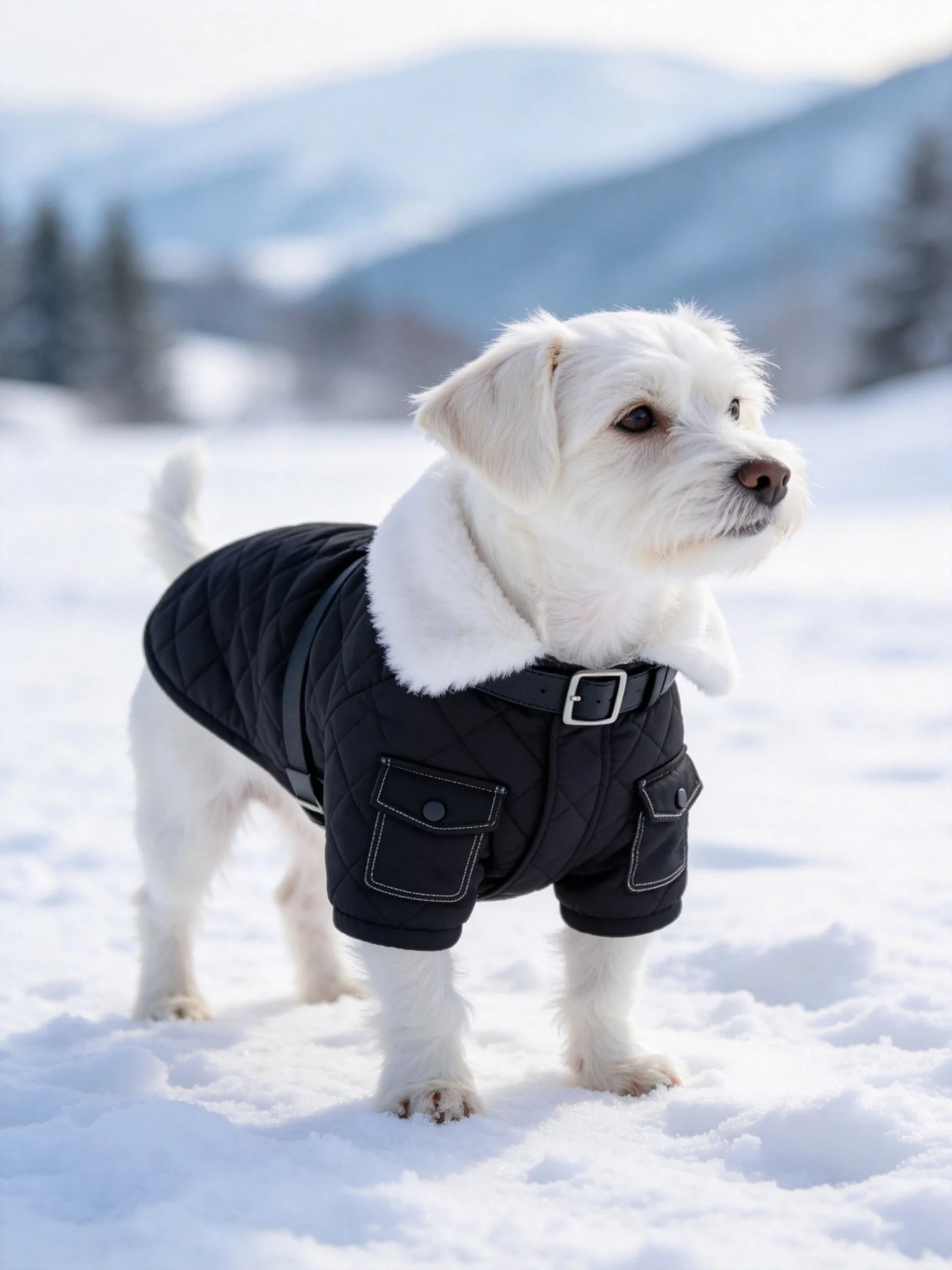 A small white dog in a black quilted coat on snowy terrain