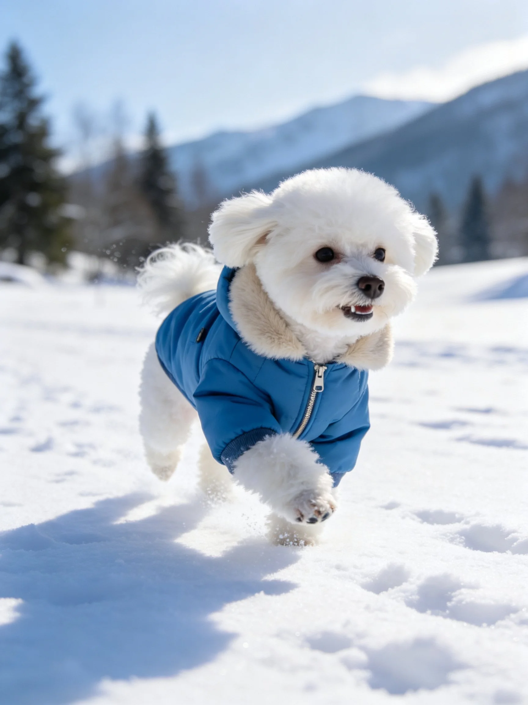 A small white dog in a blue coat runs joyfully through snow.