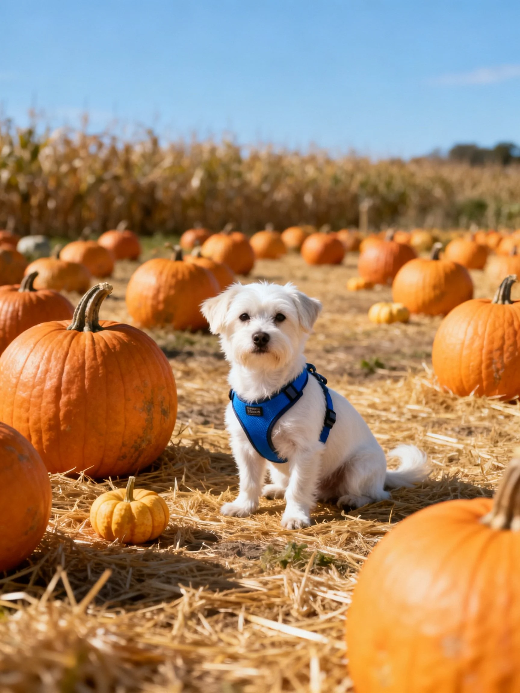 A small white dog in a blue harness sits among many pumpkins in a pumpkin patch.